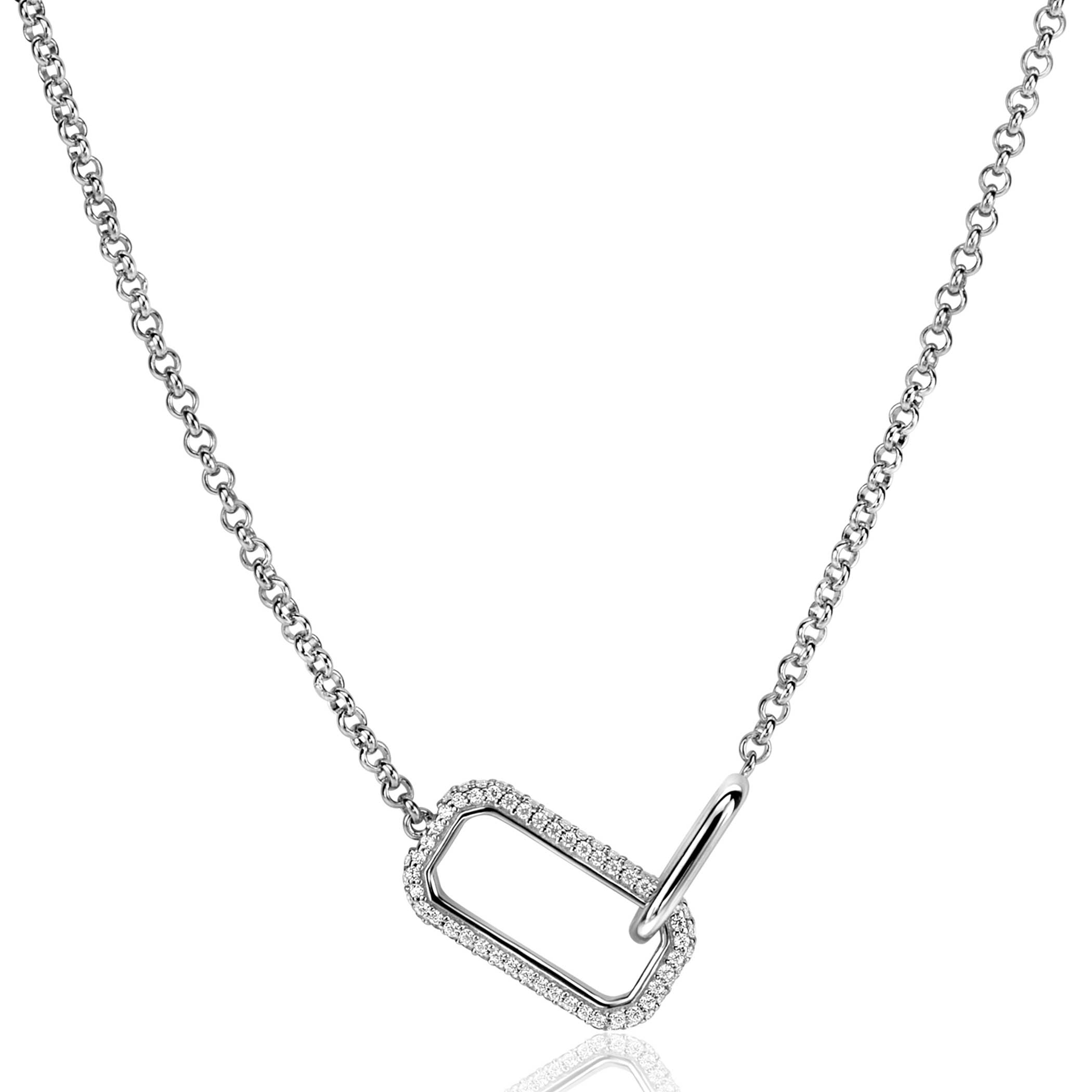 ZINZI Sterling Silver Necklace with 2 Connected Chains: a Rectangular Chain Set with White Zirconias and a Shiny Oval Chain 40-45cm ZIC2551