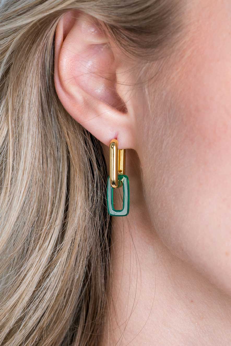 18mm ZINZI Gold Plated Sterling Silver Hoop Earrings with Open Rectangle in Green Agate ZIO2235
