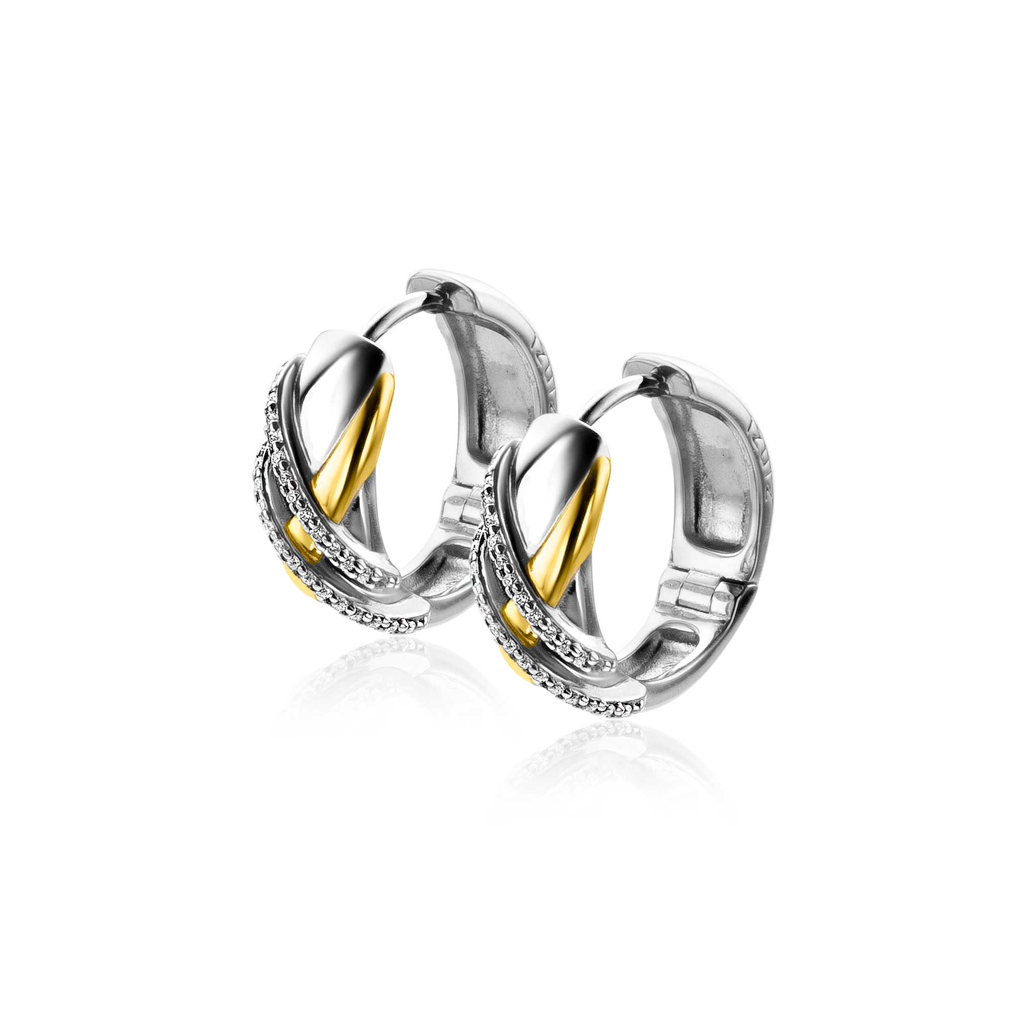 16mm ZINZI Sterling Silver Hoop Earrings Crossover Bicolor with White Zirconia 16x6mm ZIO2243