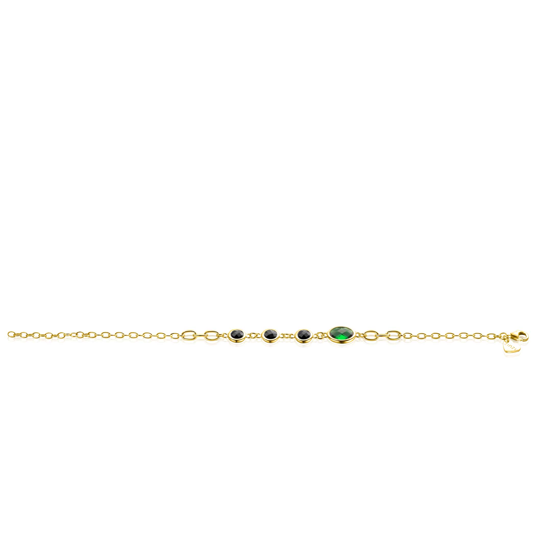 ZINZI Gold Plated Sterling Silver Chain Bracelet with 3 Round Settings with Black Stone and 1 Oval Setting with Green Stone 17-20 cm ZIA2389