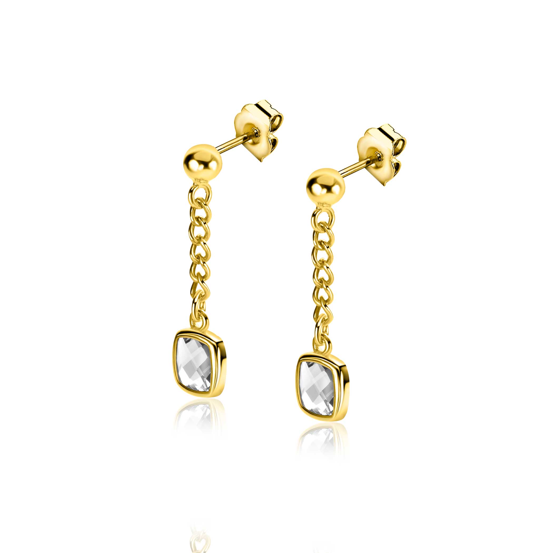 25mm ZINZI gold plated silver stud earrings with gourmet chain and square setting white zirconia ZIO2417Y
