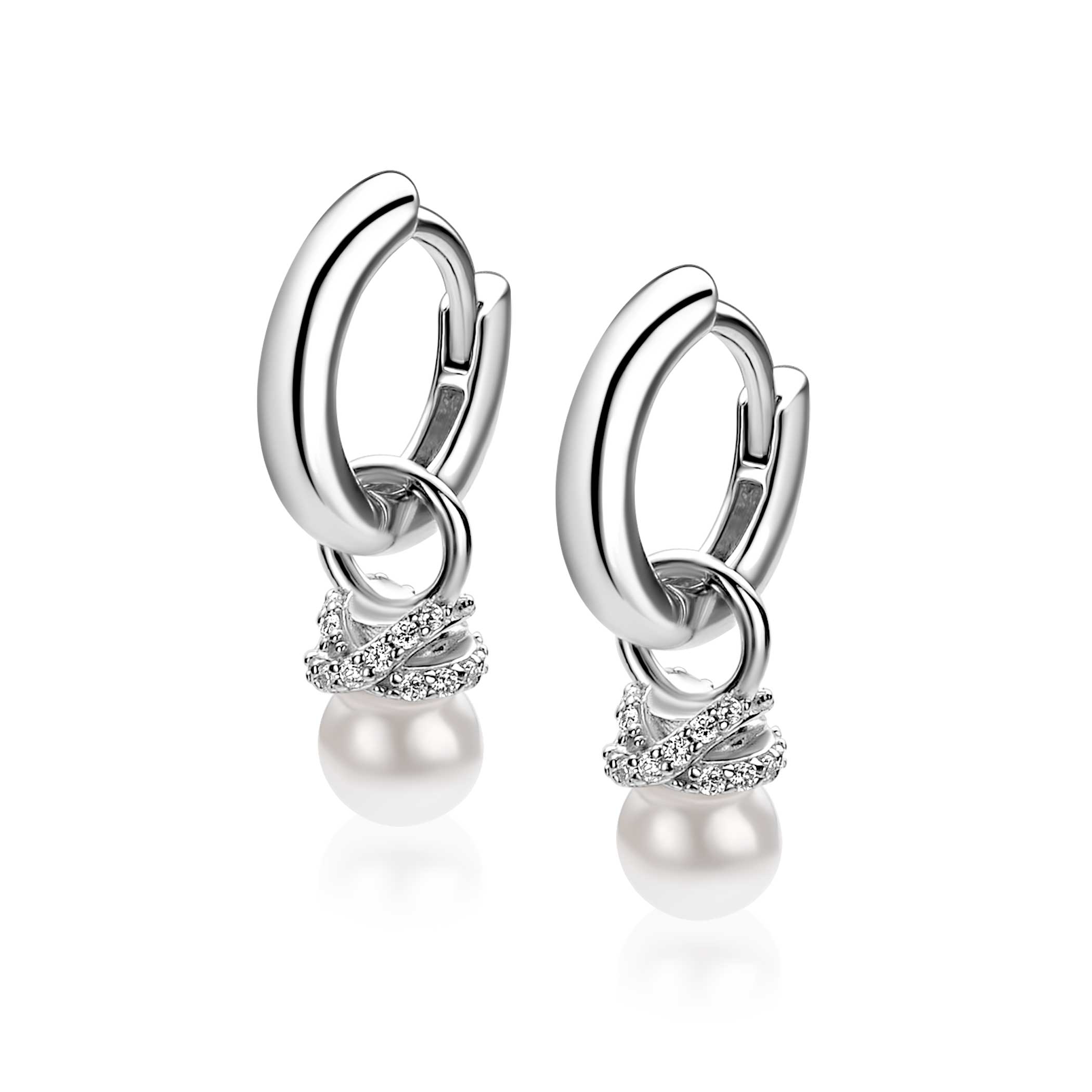 ZINZI zlv. oorbedels parel met zirconia's in x vorm