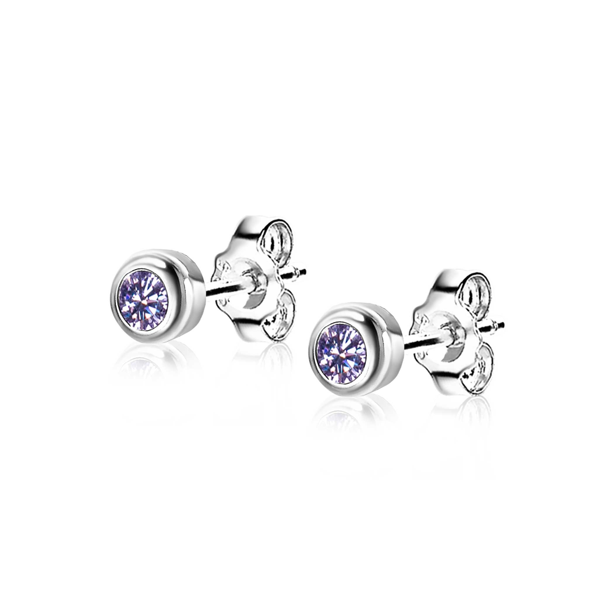 JUNE Stud Earrings 4mm Sterling Silver with Birthstone Light Purple Amethyst Zirconia