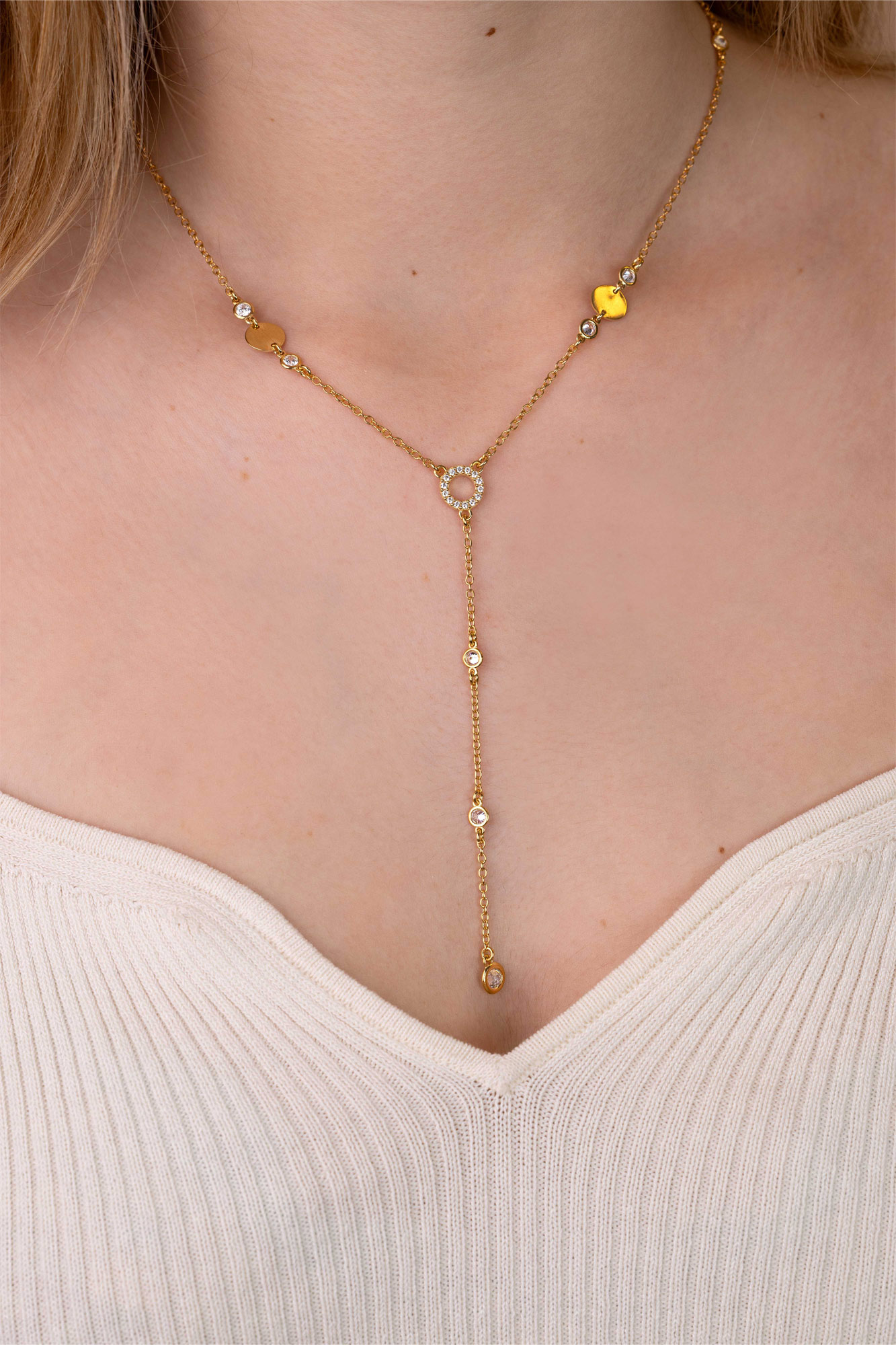 ZINZI zlv. Y-collier met ronde plaatjes en zirc.