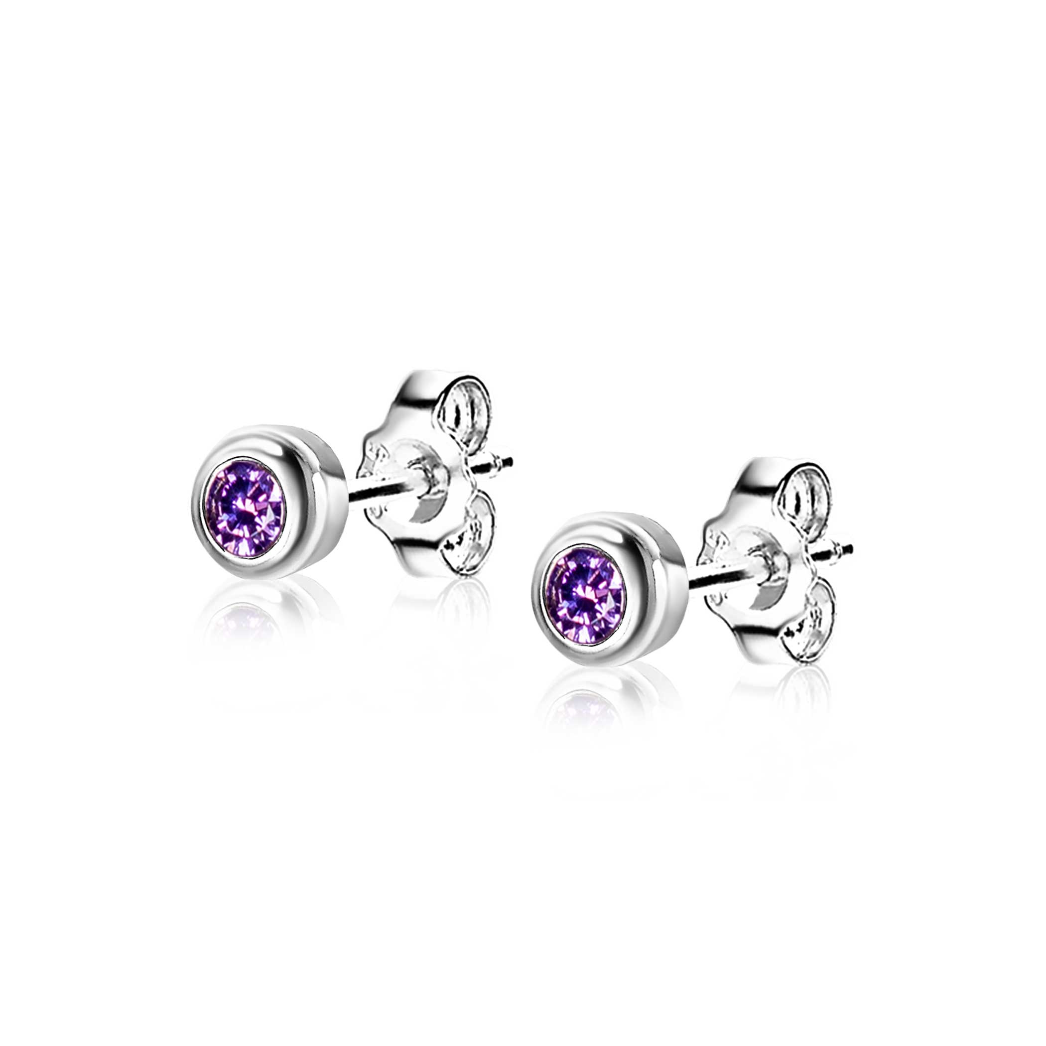 FEBRUARY Stud Earrings 4mm Sterling Silver with Birthstone Purple Smethyst Zirconia