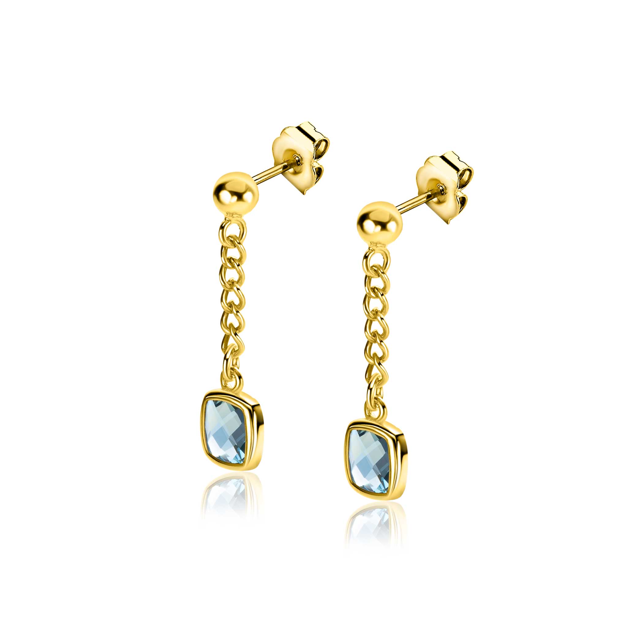 25mm ZINZI Gold Plated Sterling Silver Stud Earrings with Curb Chain and Square Setting with Indigo Blue Color Stone ZIO2417G