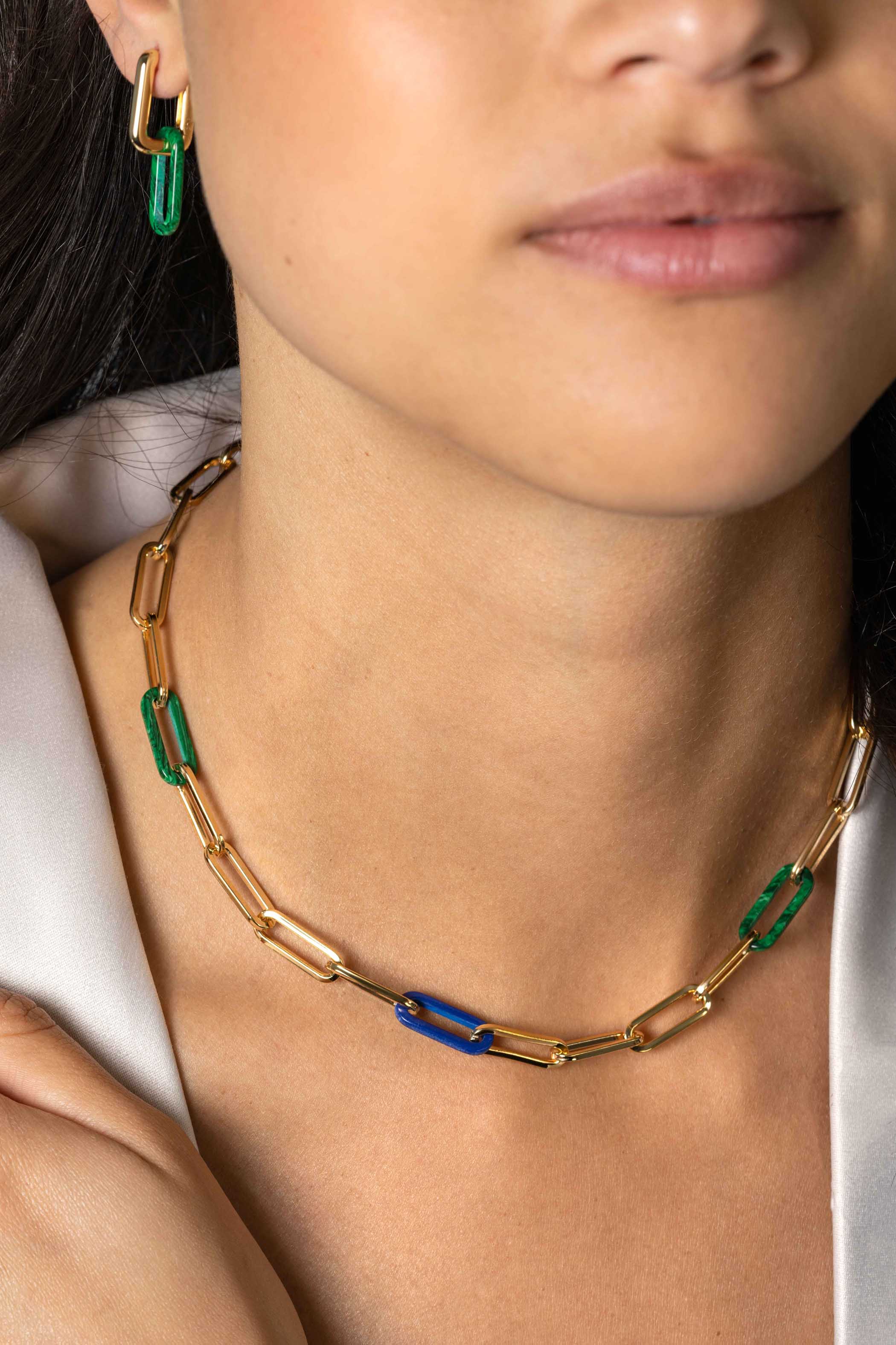 ZINZI Gold Plated Sterling Silver Papeclip Chain Necklace with Trendy Chains in Lapis Blue and Malachite Green 45cm ZIC2455