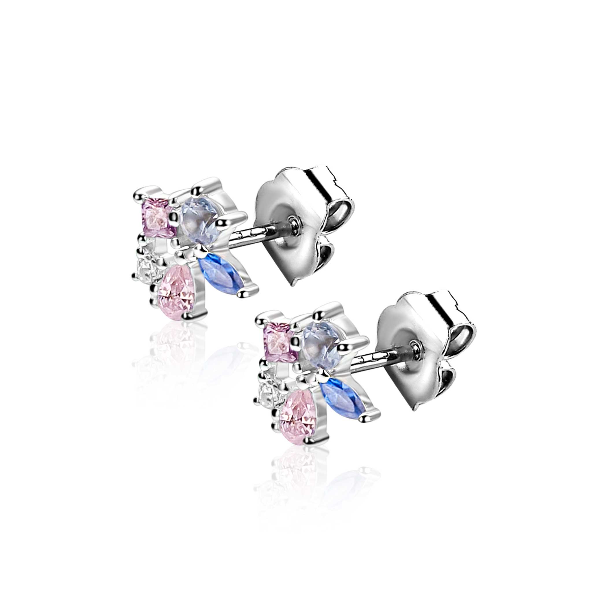 ZINZI zlv. oorknopjes fant.roze/paars/blauw/zirc