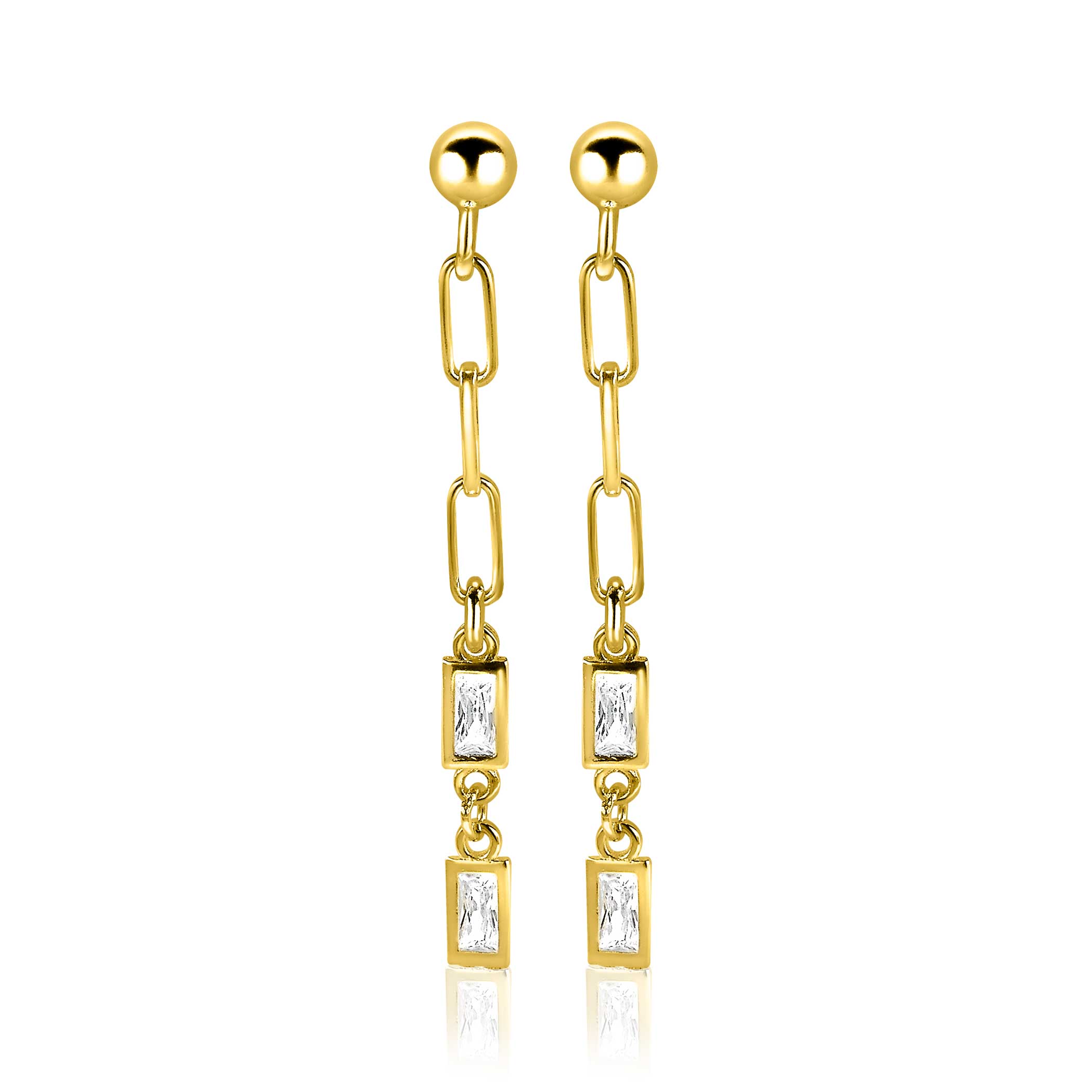 39mm ZINZI Gold Plated Sterling Silver Drop Earrings Paperclip Chain and Baguette White Zirconias ZIO1993