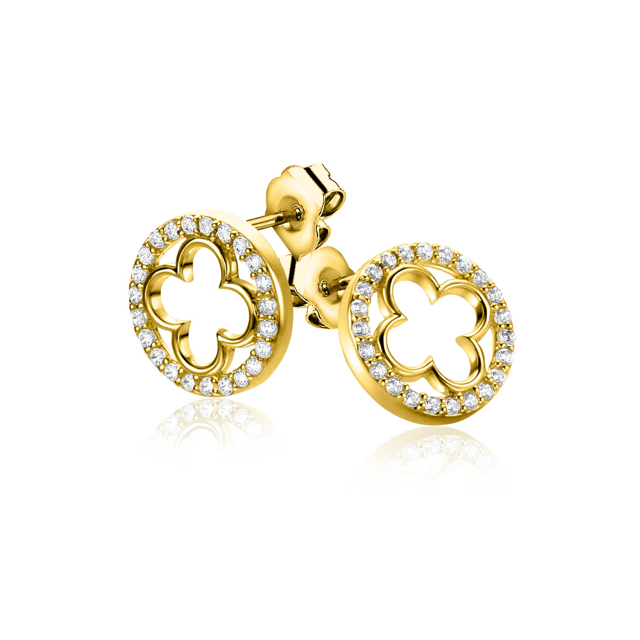 11mm ZINZI gold-plated silver stud earrings with a clover and rounded edge, adorned with white zirconia, ZIO-BF116Y