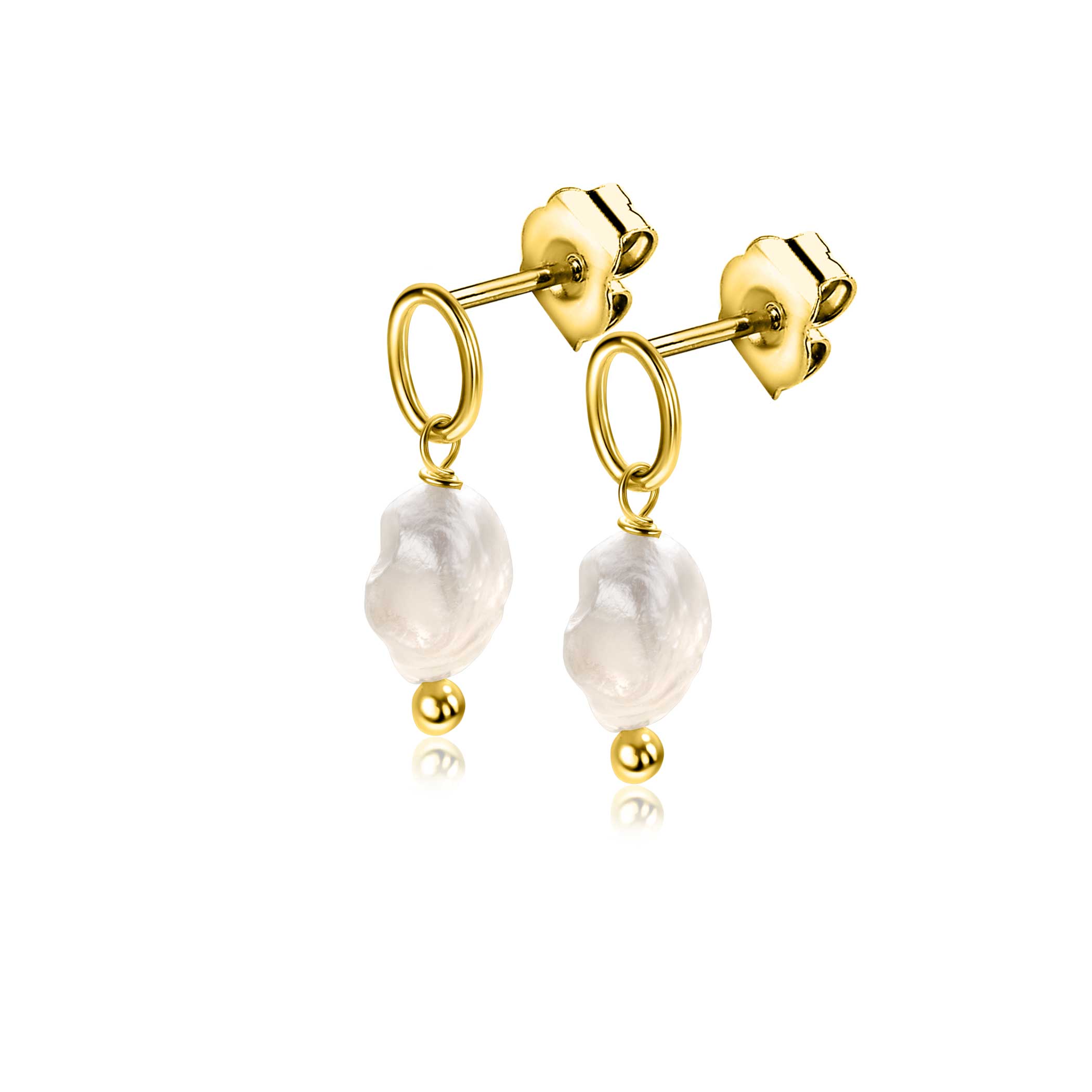 21mm ZINZI gold-plated silver stud earrings with an openwork circle, featuring a dangling white freshwater pearl, ZIO-BF112G
