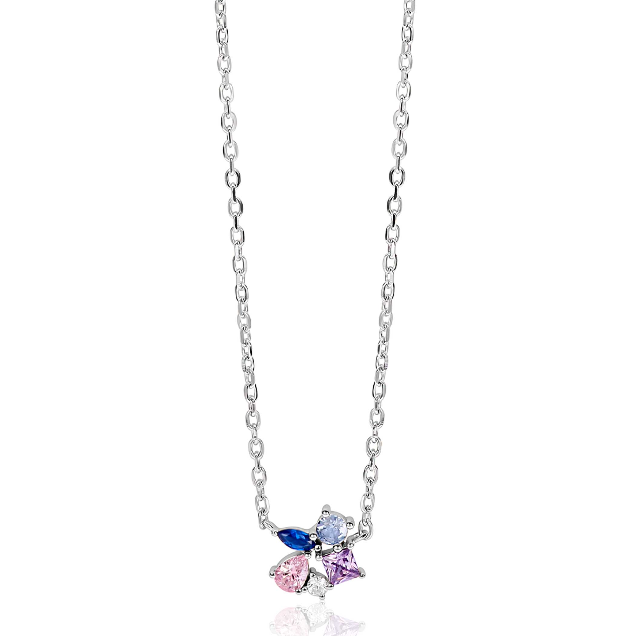 ZINZI zlv. collier fant.hanger roze paars blauw en cz