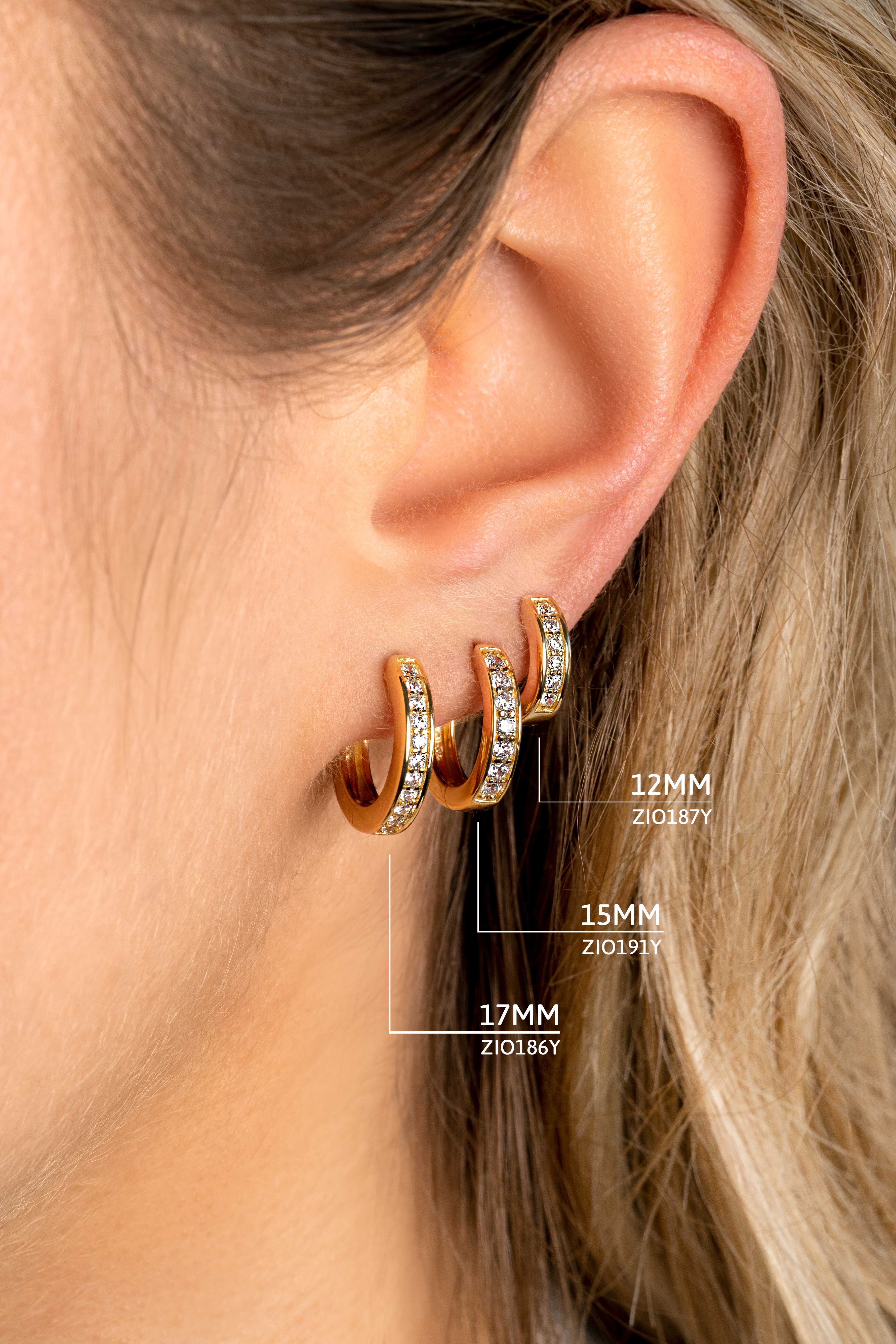 15mm ZINZI Gold Plated Sterling Silver Hoop Earrings White Zirconias width 3mm ZIO191Y