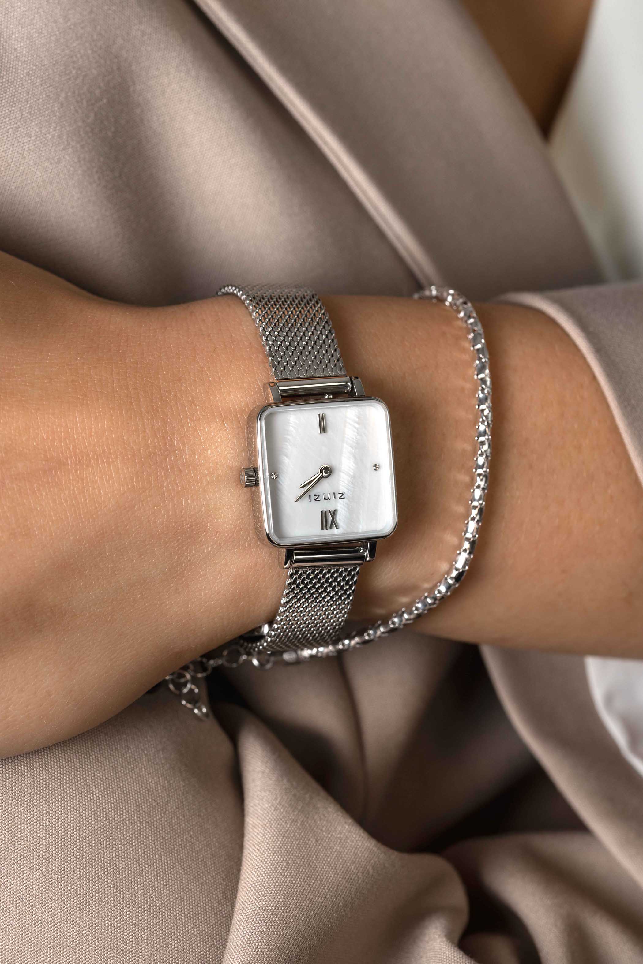 ZINZI Square Mini Watch White Mother-of-Pearl Dial and Square Silver Colored Case Stainless Steel Mesh Band 22mm  ZIW1717