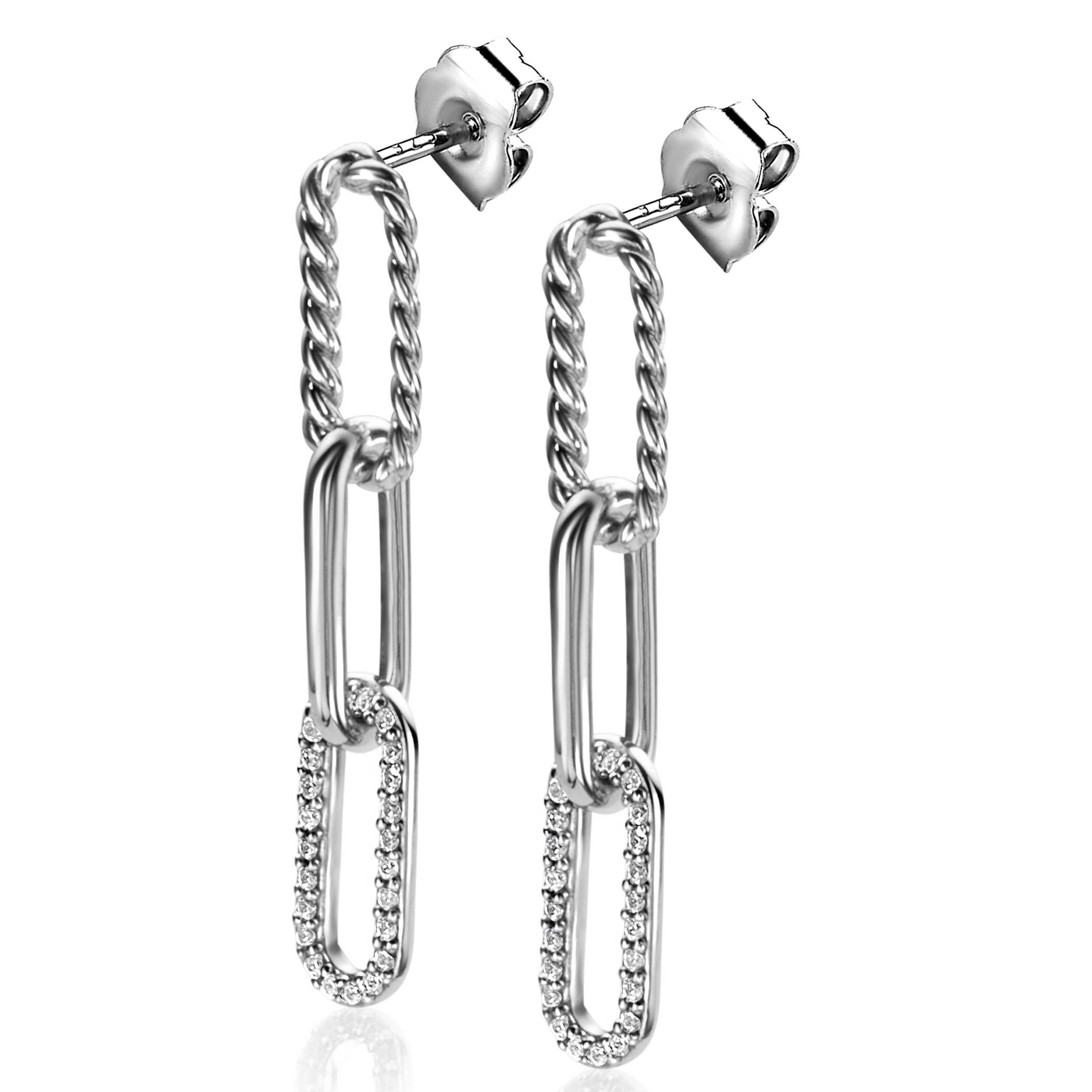 30mm ZINZI Sterling Silver Long Earrings with 3 Paperclip Chains: Smooth, Twist Design and White Zirconias ZIO2330