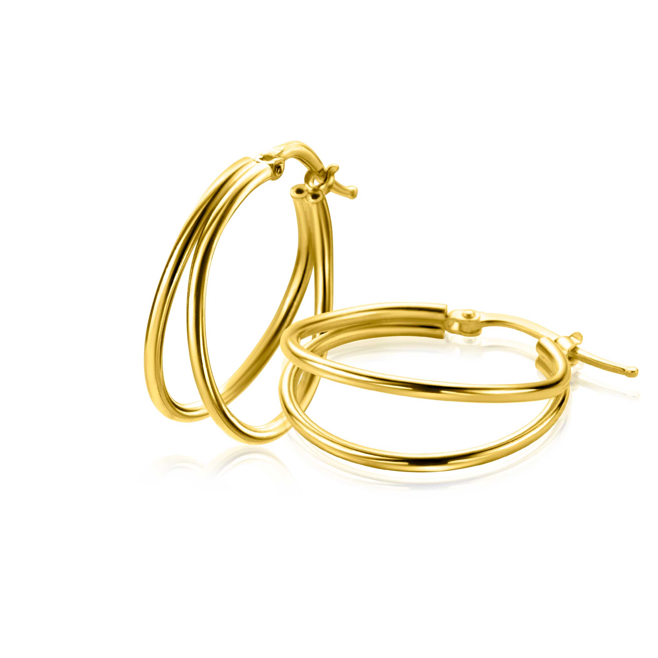 23mm ZINZI gold-plated silver multi-look hoops with a trendy double tube and a practical top closure, ZIO-BF114G