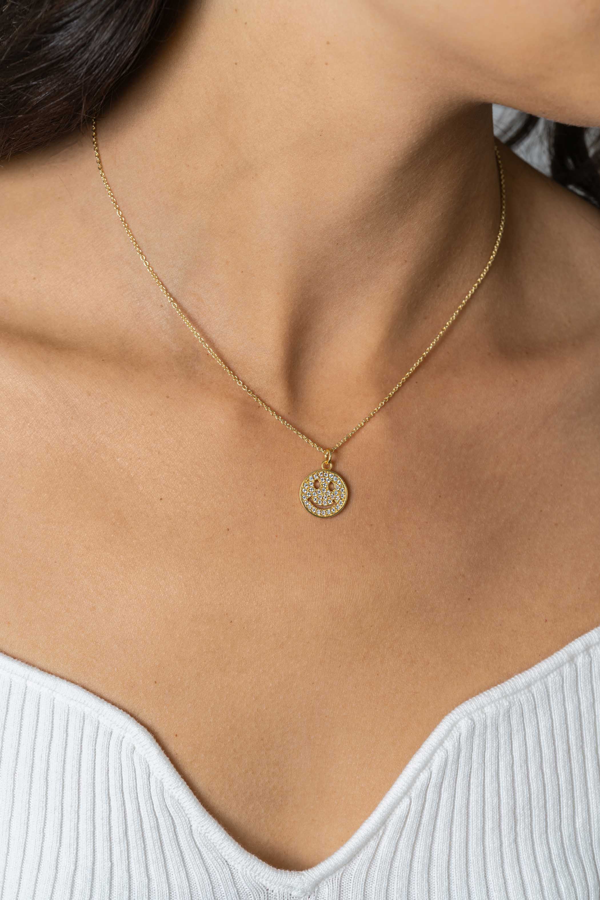 15mm ZINZI Gold Plated Sterling Silver Pendant Smiley Round with White Zirconias ZIH2313Y (excl. necklace)