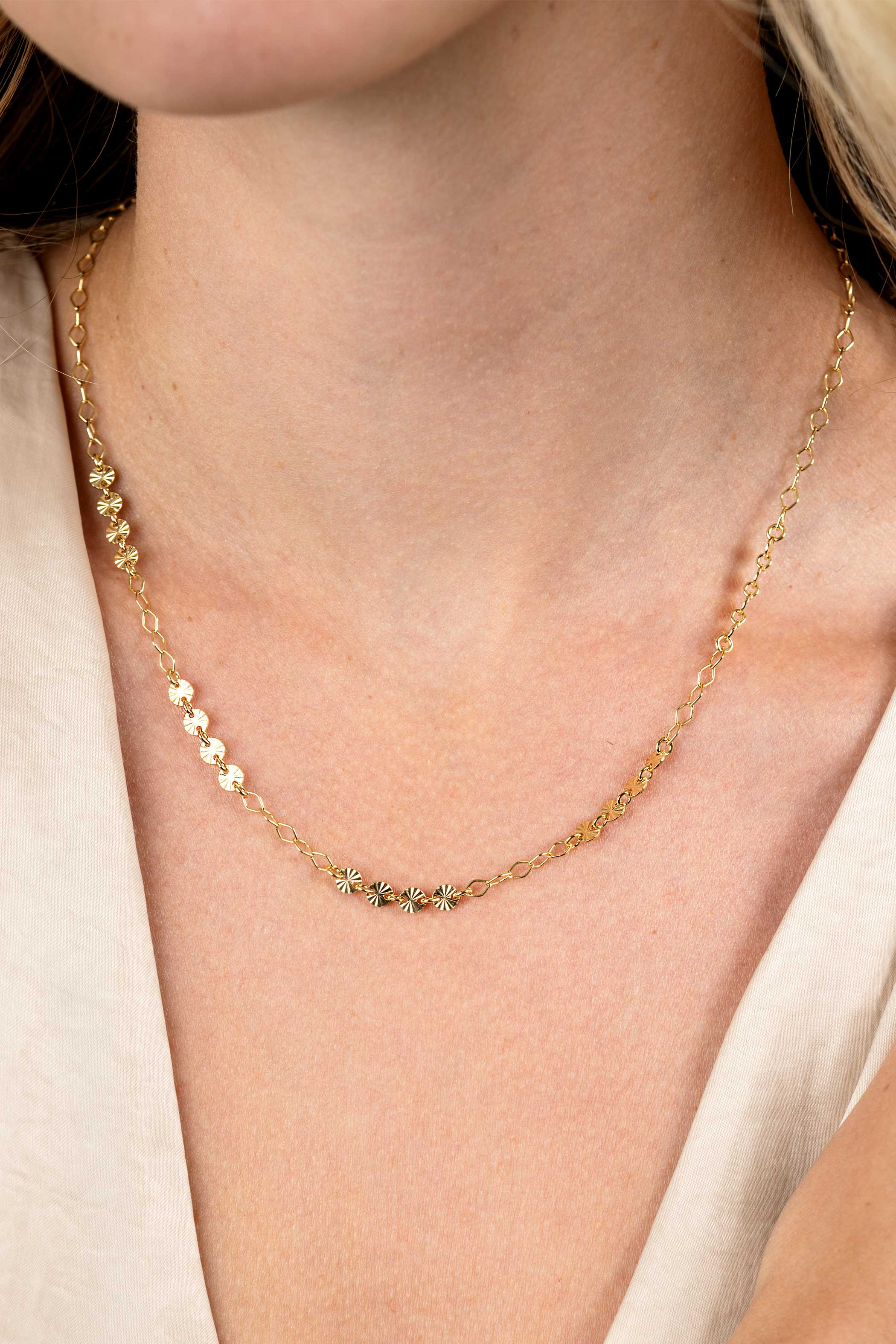 ZINZI Gold Plated Sterling Silver Necklace Round Chains and Coins with Sunbeams 4mm width 45cm ZIC2290G