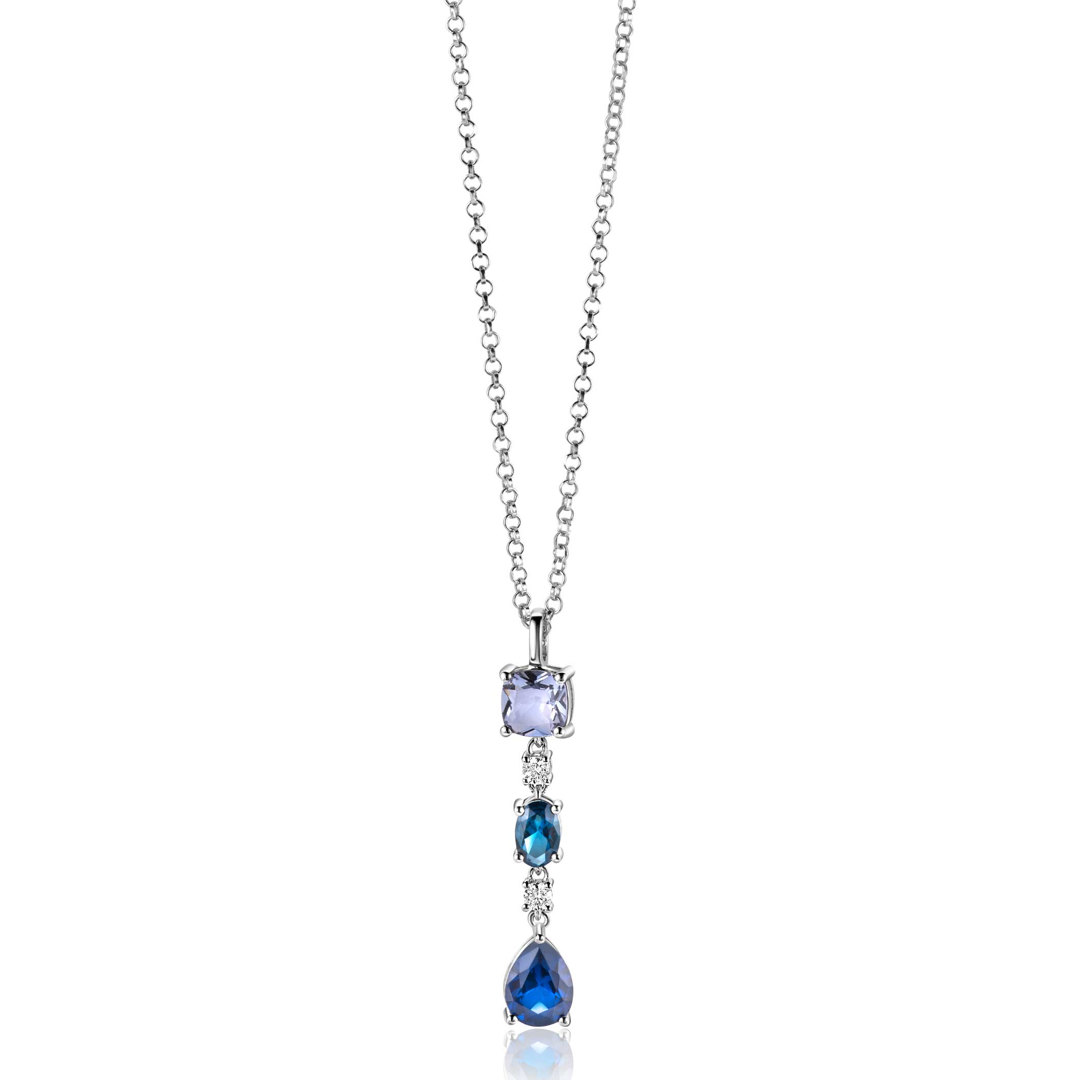 35mm ZINZI Sterling Silver Pendant Square, Oval and Drop Blue Color Stones with Small White Zirconias ZIH2397 (excl. necklace)