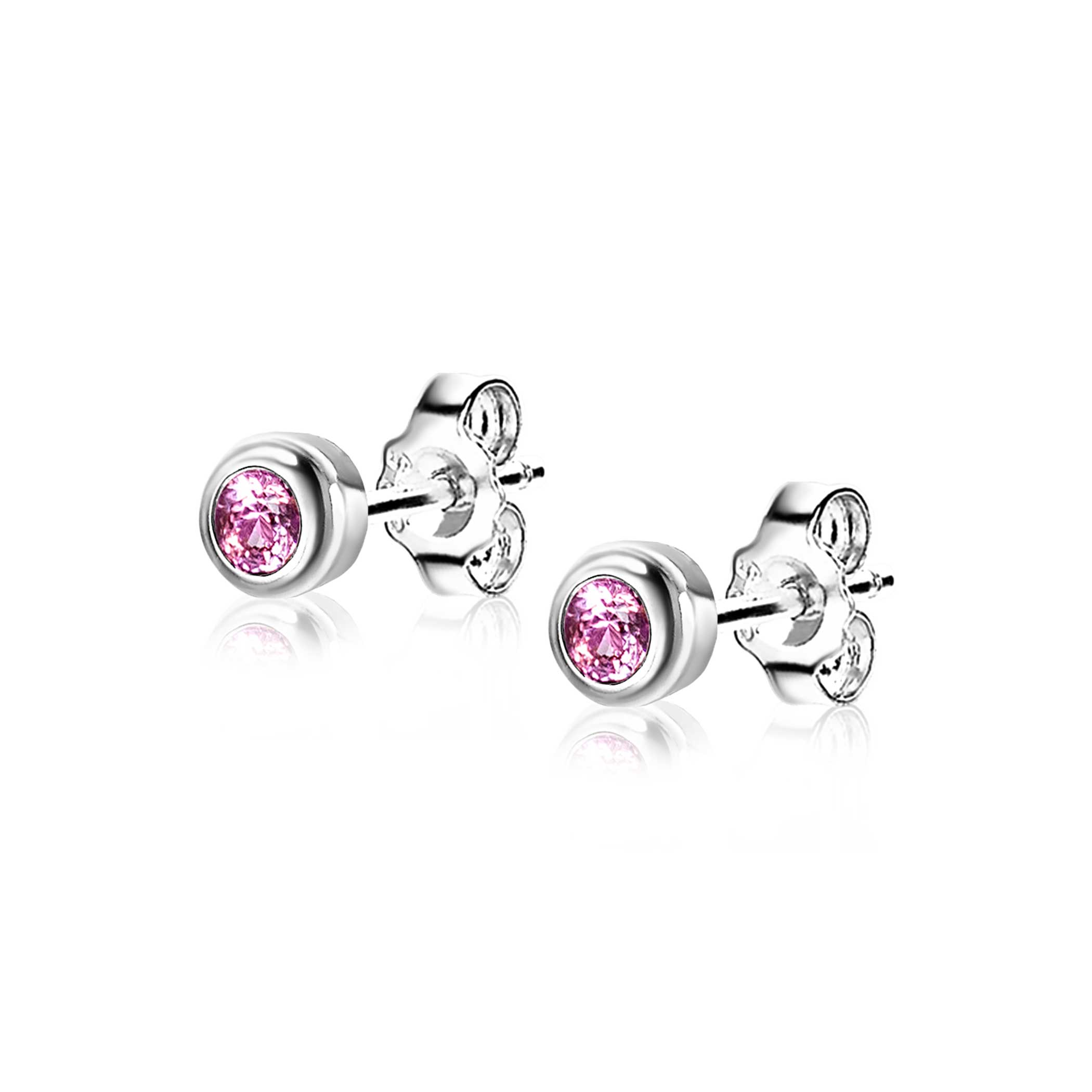 OCTOBER Stud Earrings 4mm Sterling Silver with Birthstone Pink Rose Quartz Zirconia