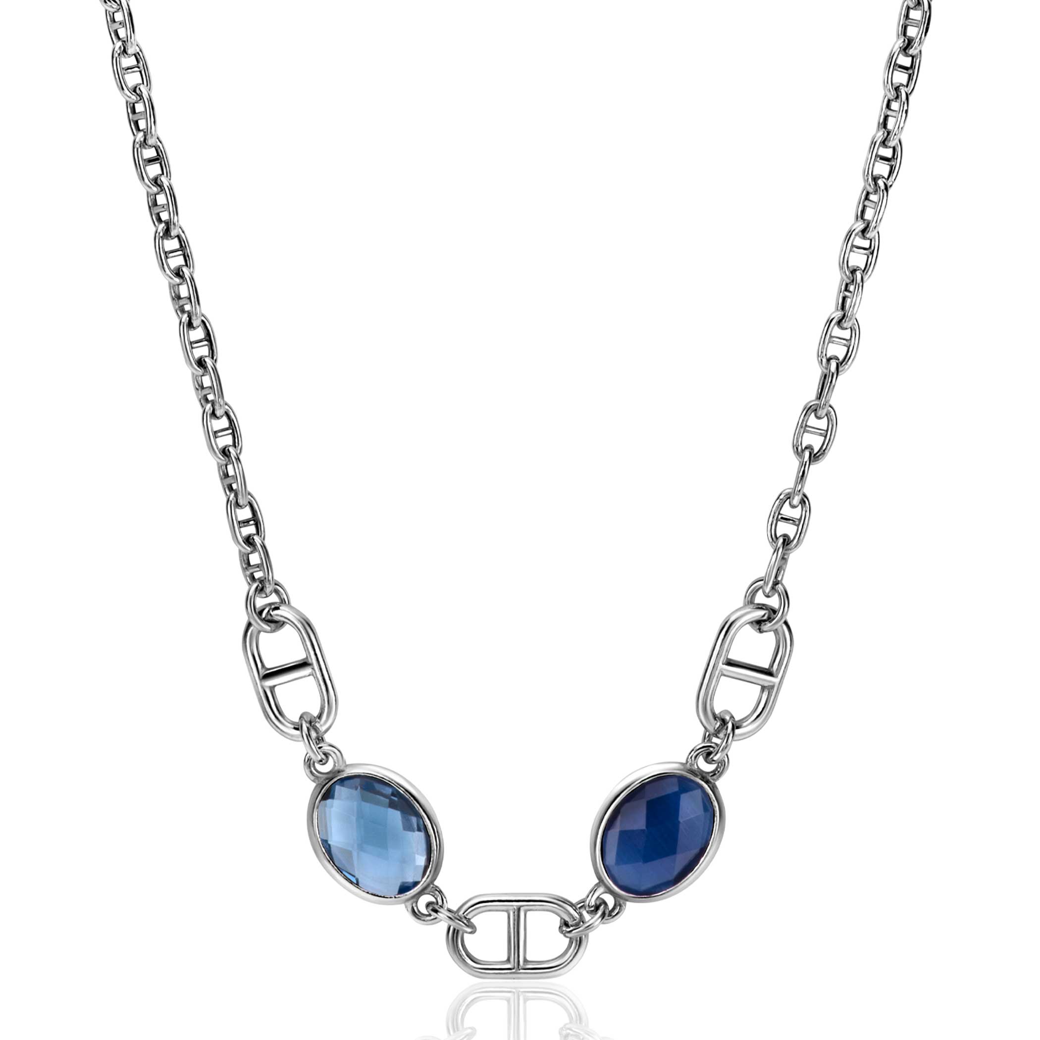 ZINZI Sterling Silver Marine Chain Necklace with 2 Oval Settings with Blue and Light Blue Color Stones 42-45cm ZIC-BF90