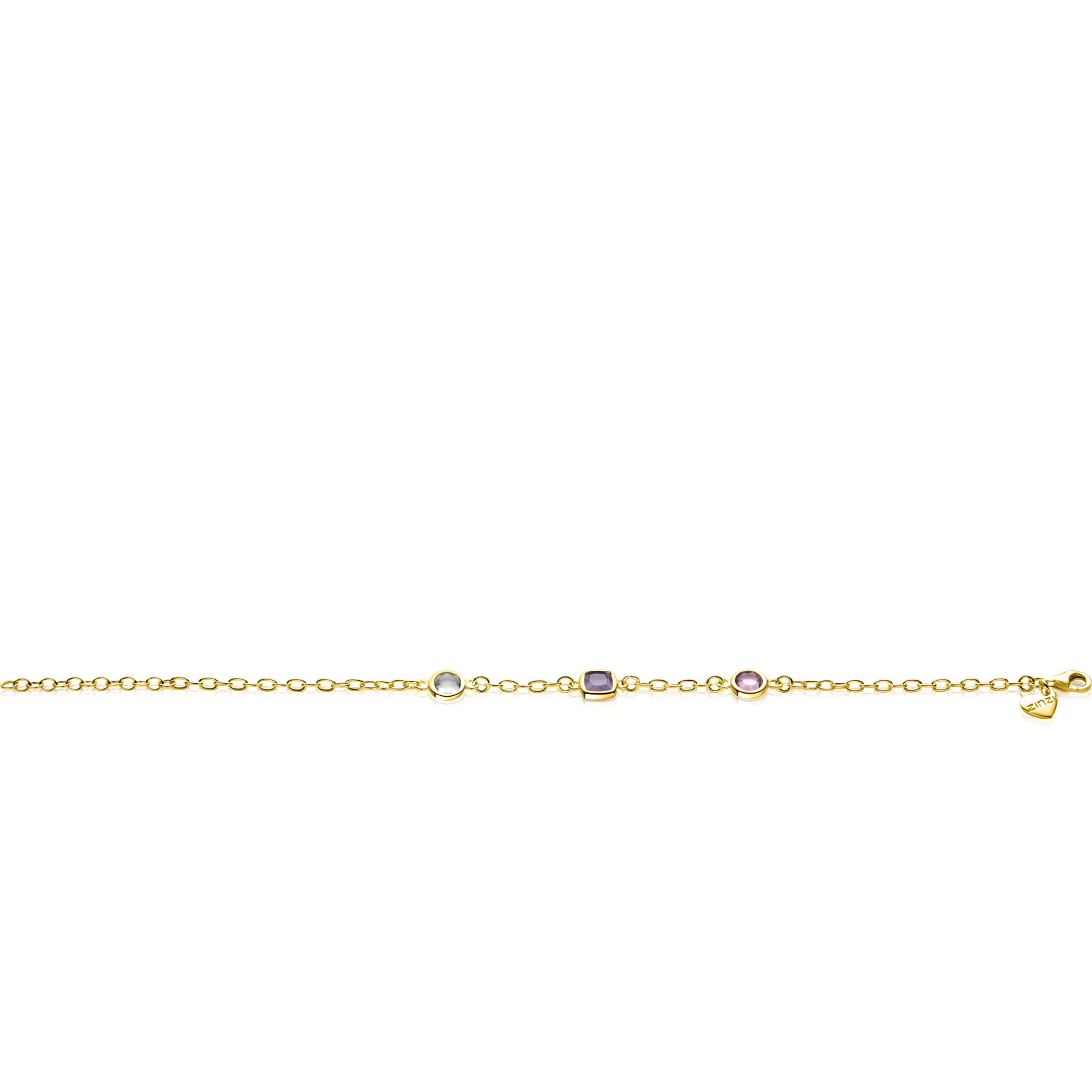 ZINZI Gold Plated Sterling Silver Chain Bracelet with Round and Square Settings with Pastel and Purple Color Stone 17-20cm ZIA2525G