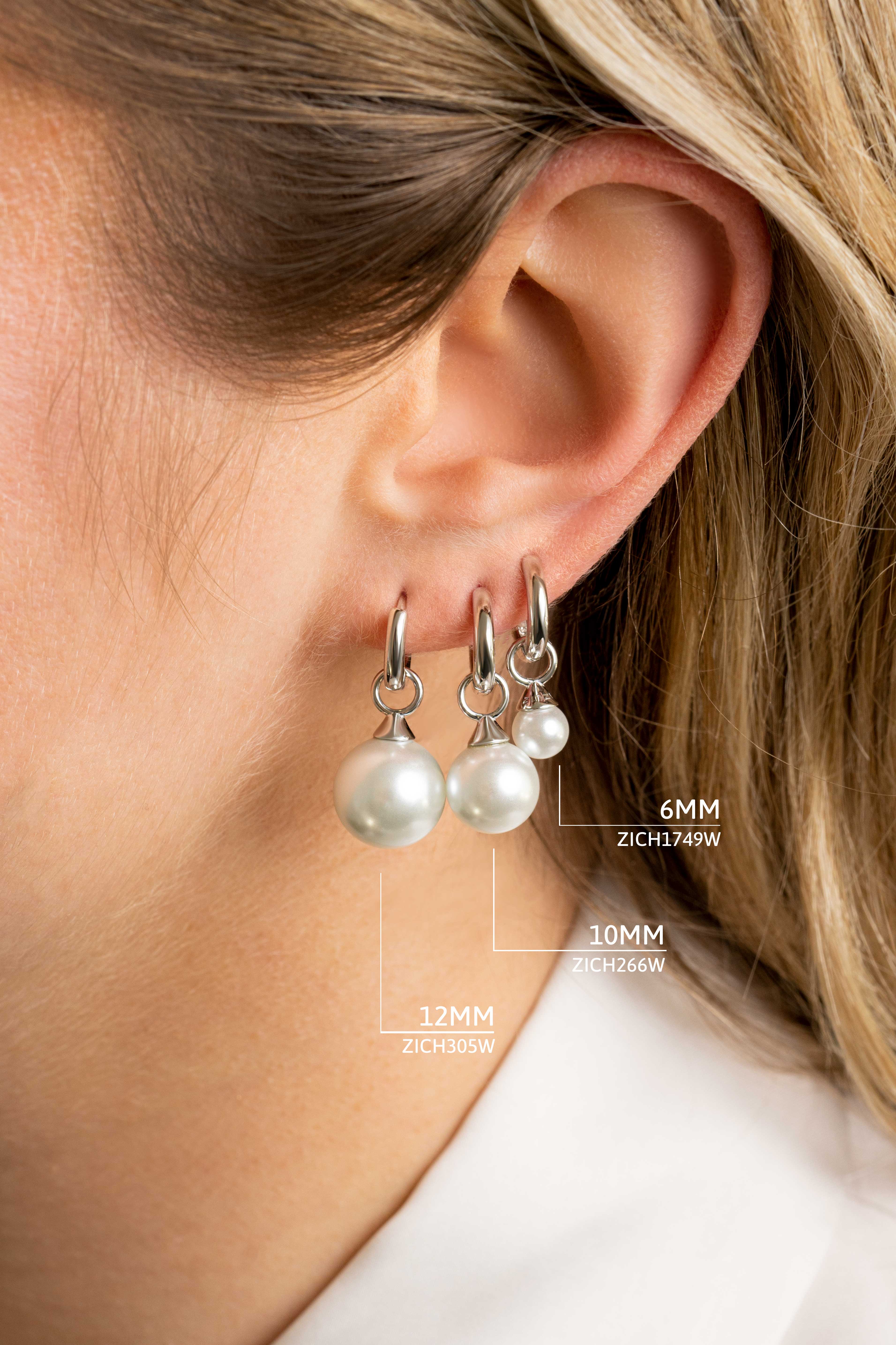 12mm ZINZI Sterling Silver Earrings Pendants Pearl White ZICH305W (excl. hoop earrings)