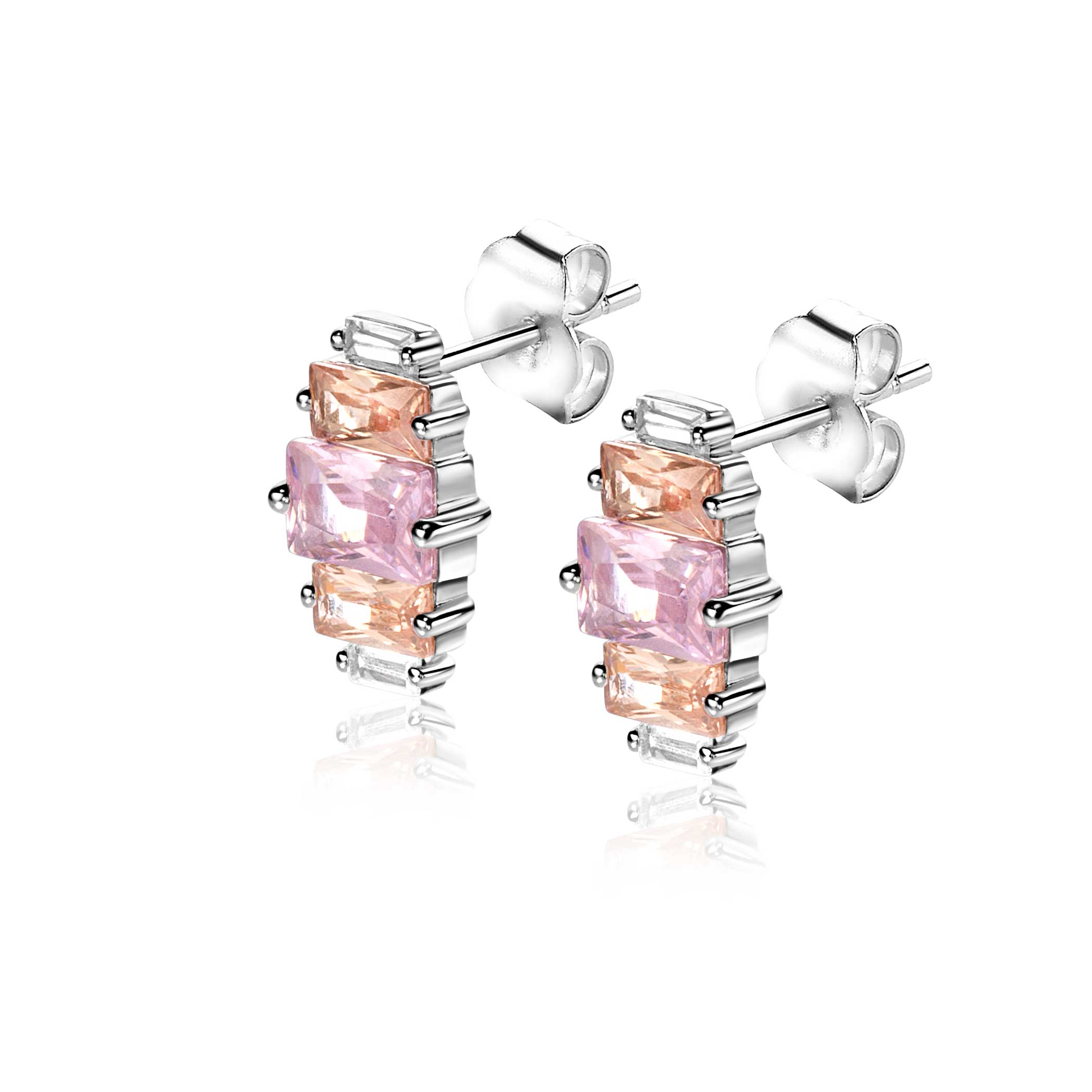 13mm ZINZI Sterling Silver Stud Earrings Baguette White Zirconia, Champagne and Pink ZIO2490