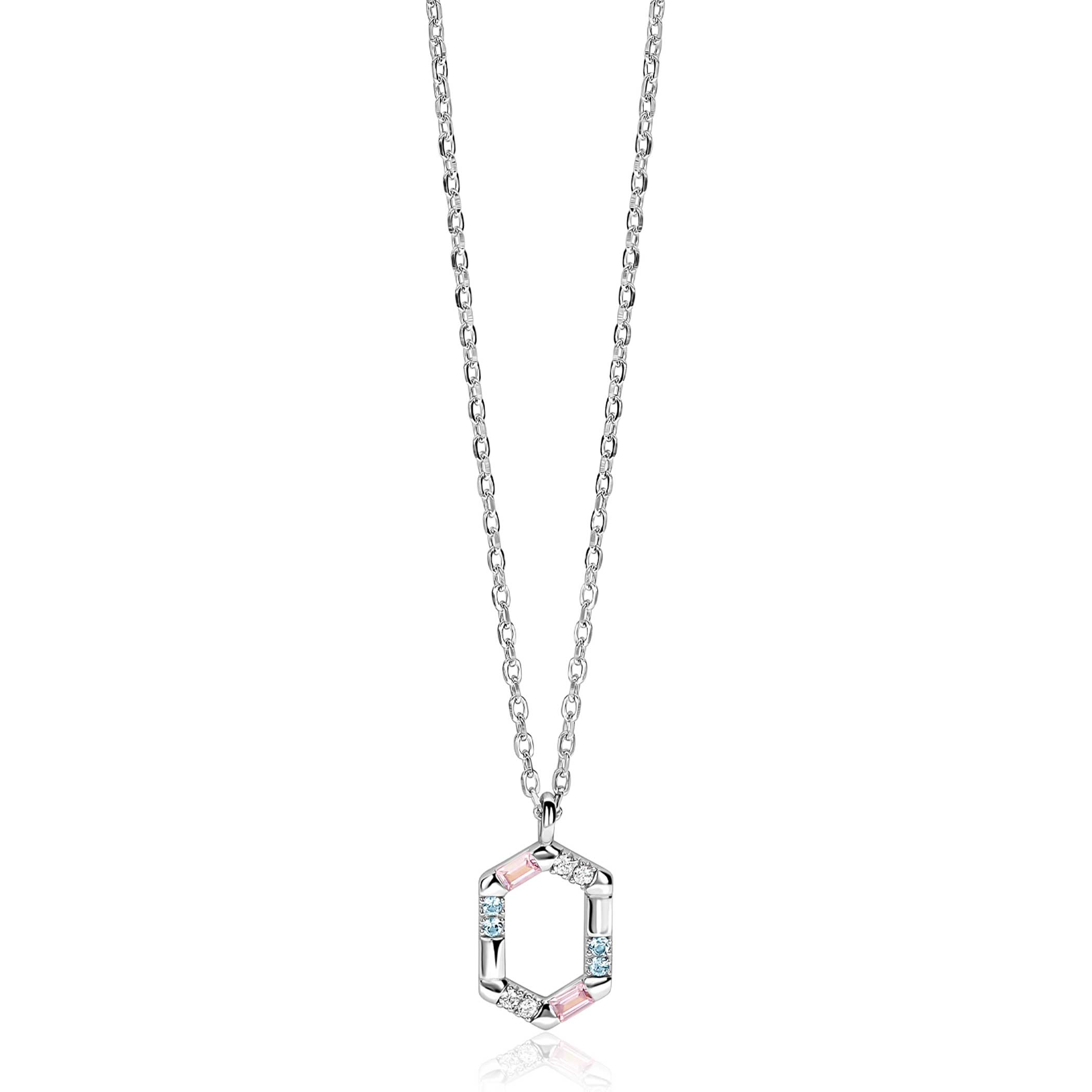 ZINZI zlv. collier met hanger 6-kant  roze/blauw/zirc.