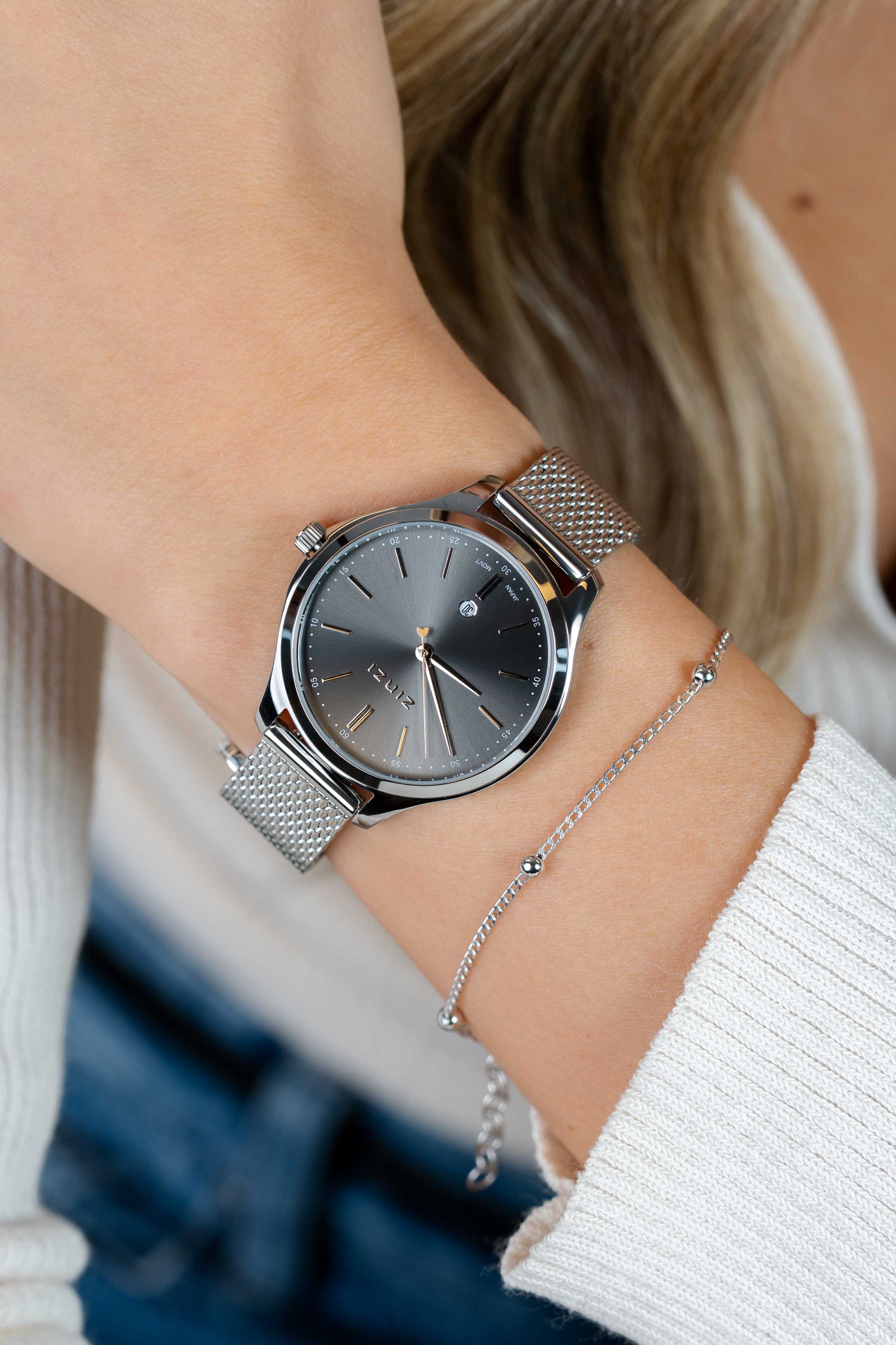 ZINZI Classy Watch 34mm Grey Dial Stainless Steel Case and Mesh Strap with Date ZIW1024M