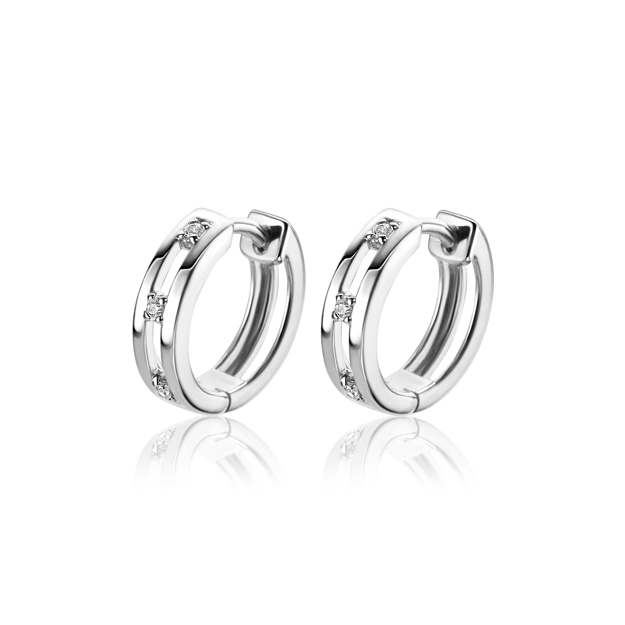 14mm ZINZI Sterling Silver Hoop Earrings with 3 Round White Zirconias 14x3mm ZIO2451