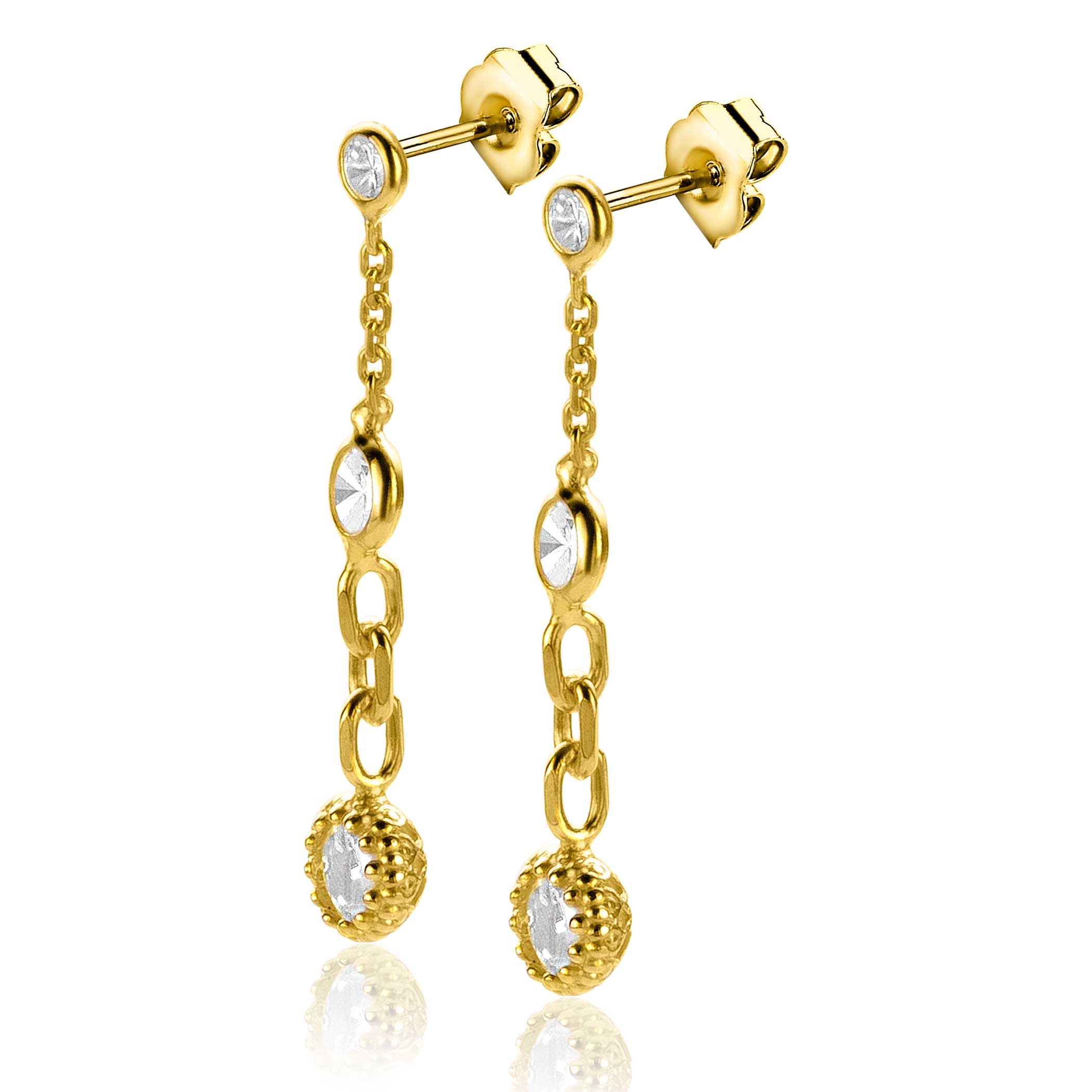30mm ZINZI Gold Plated Sterling Silver Earrings Chains White Round Zirconias ZIO2265G