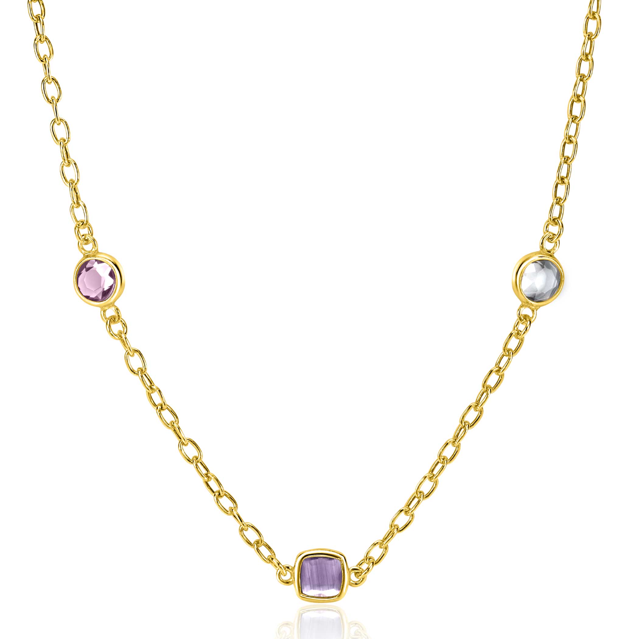 ZINZI Gold Plated Sterling Silver Chain Necklace with Round and Square Settings with Pastel and Purple Color Stone 42-45cm ZIC2525G