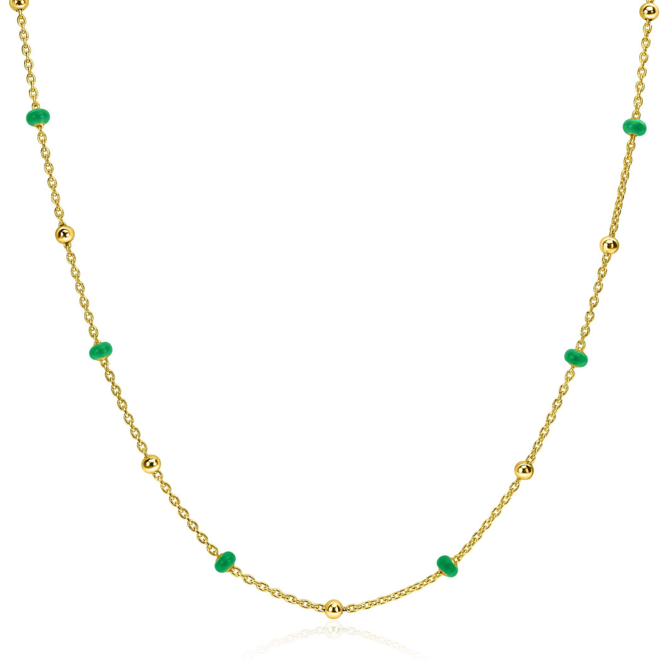 ZINZI Gold Plated Sterling Silver Fantasy Necklace with 13 Green Donuts and Shiny Beads 42-45cm ZIC2509