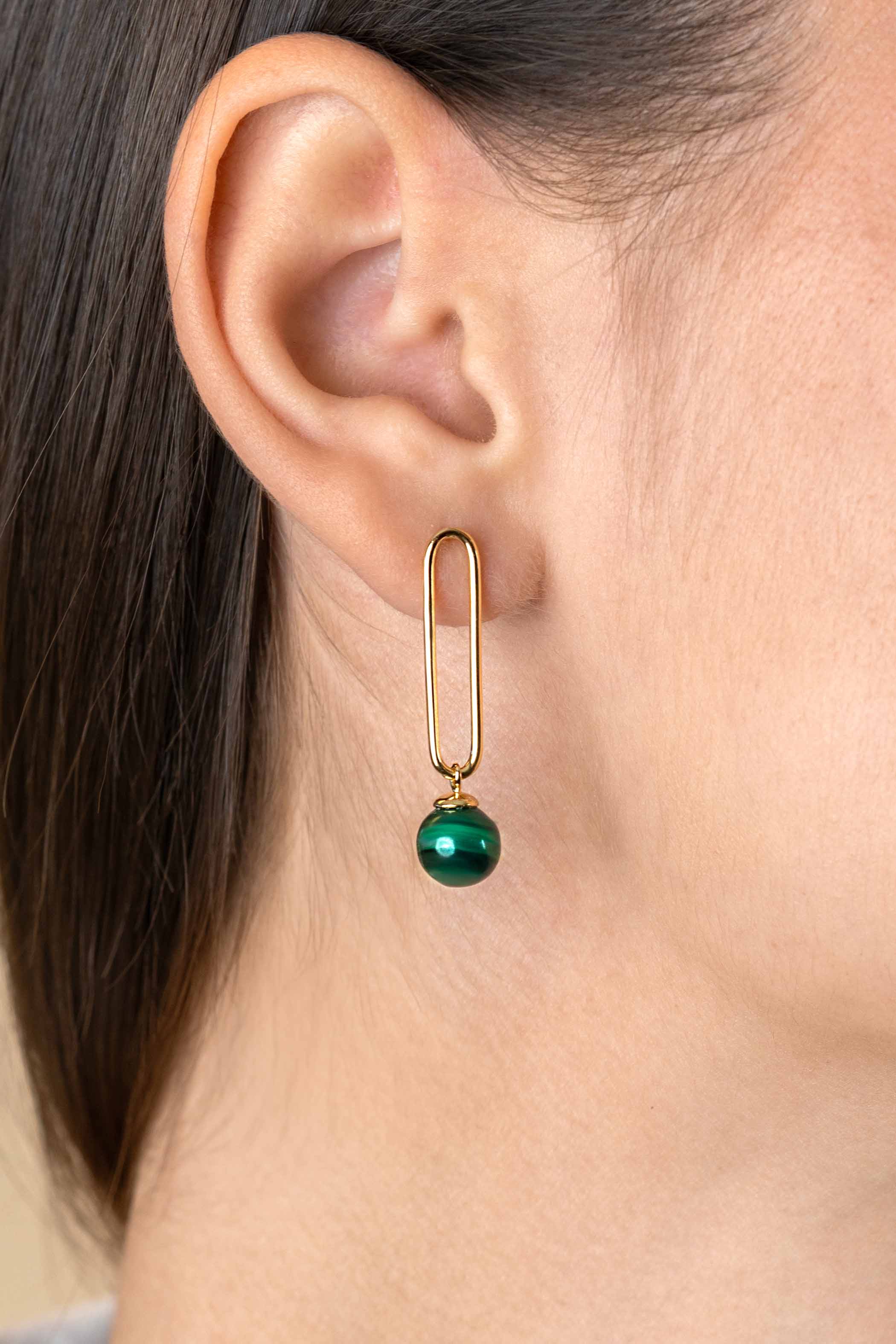 35mm ZINZI Gold Plated Sterling Silver Earrings Long Paperclip Chain and Green Cat's Eye Bead ZIO2420