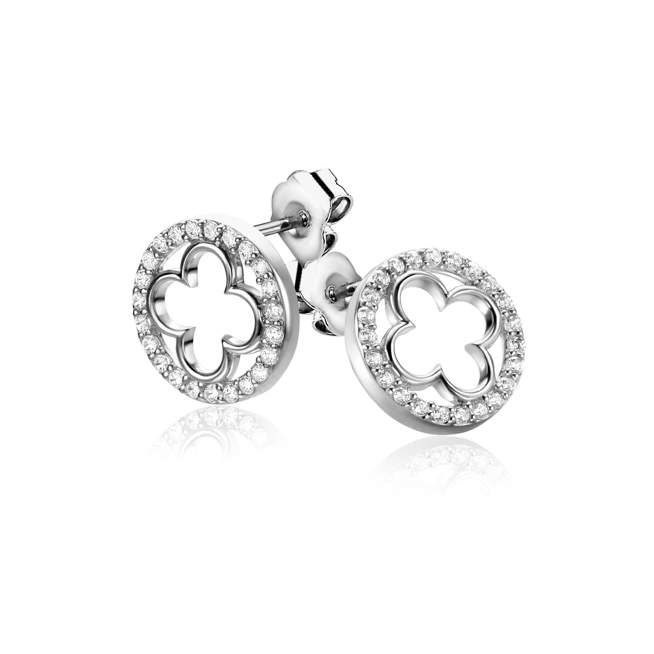 11mm ZINZI silver stud earrings with a clover and rounded edge, adorned with white zirconia, ZIO-BF116