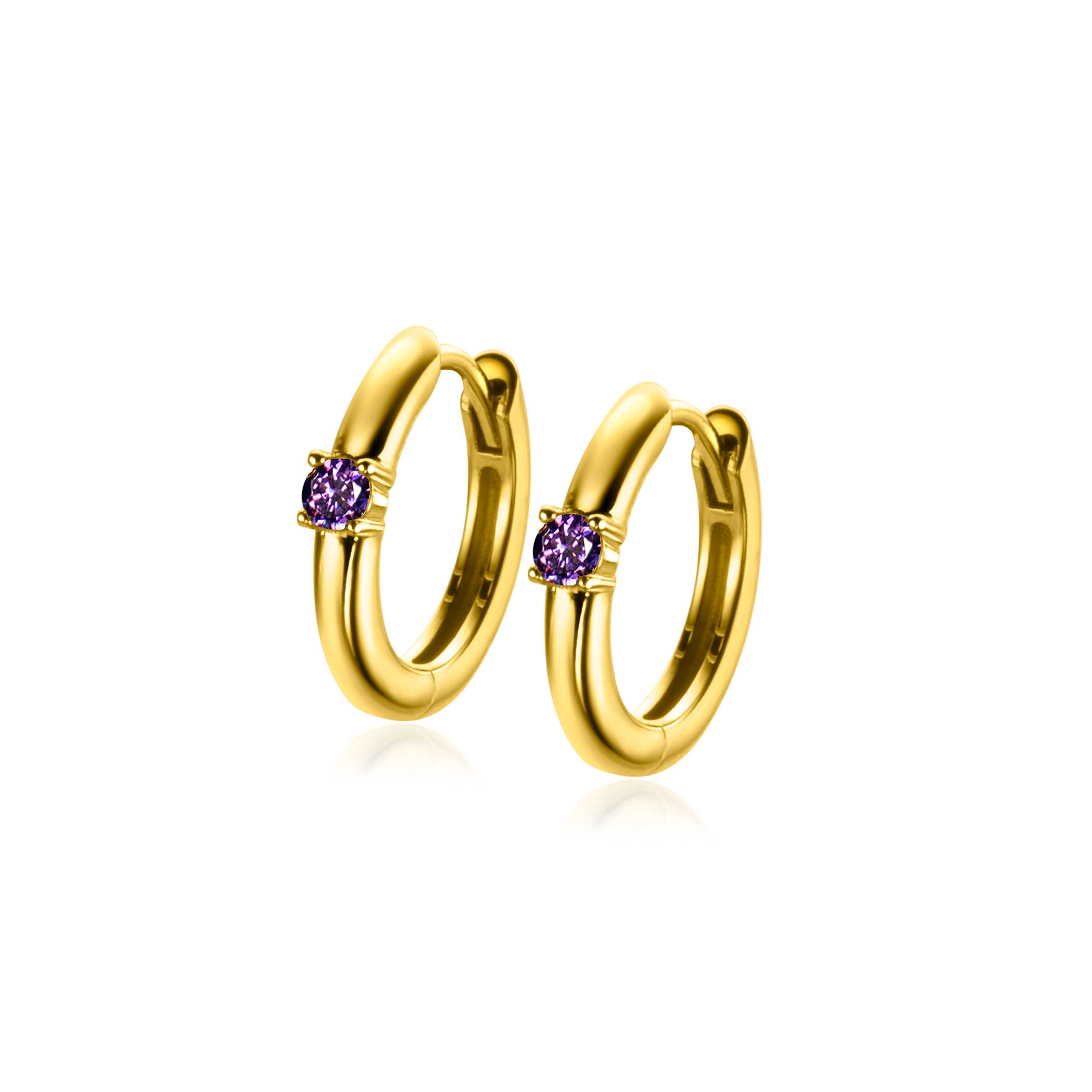 FEBRUARY Hoop Earrings 13mm Gold Plated with Birthstone Purple Amethyst Zirconia