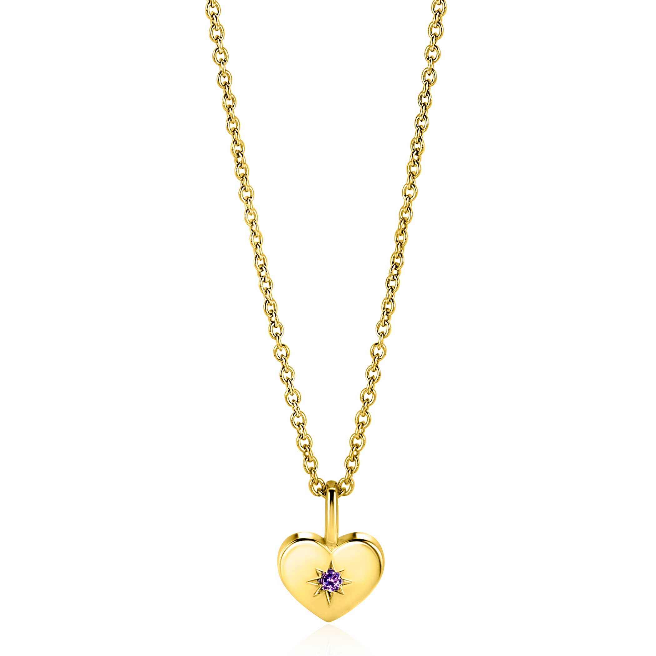 FEBRUARY Pendant 12mm Gold Plated Heart Birthstone Purple Amethyst Zirconia (excl. necklace)