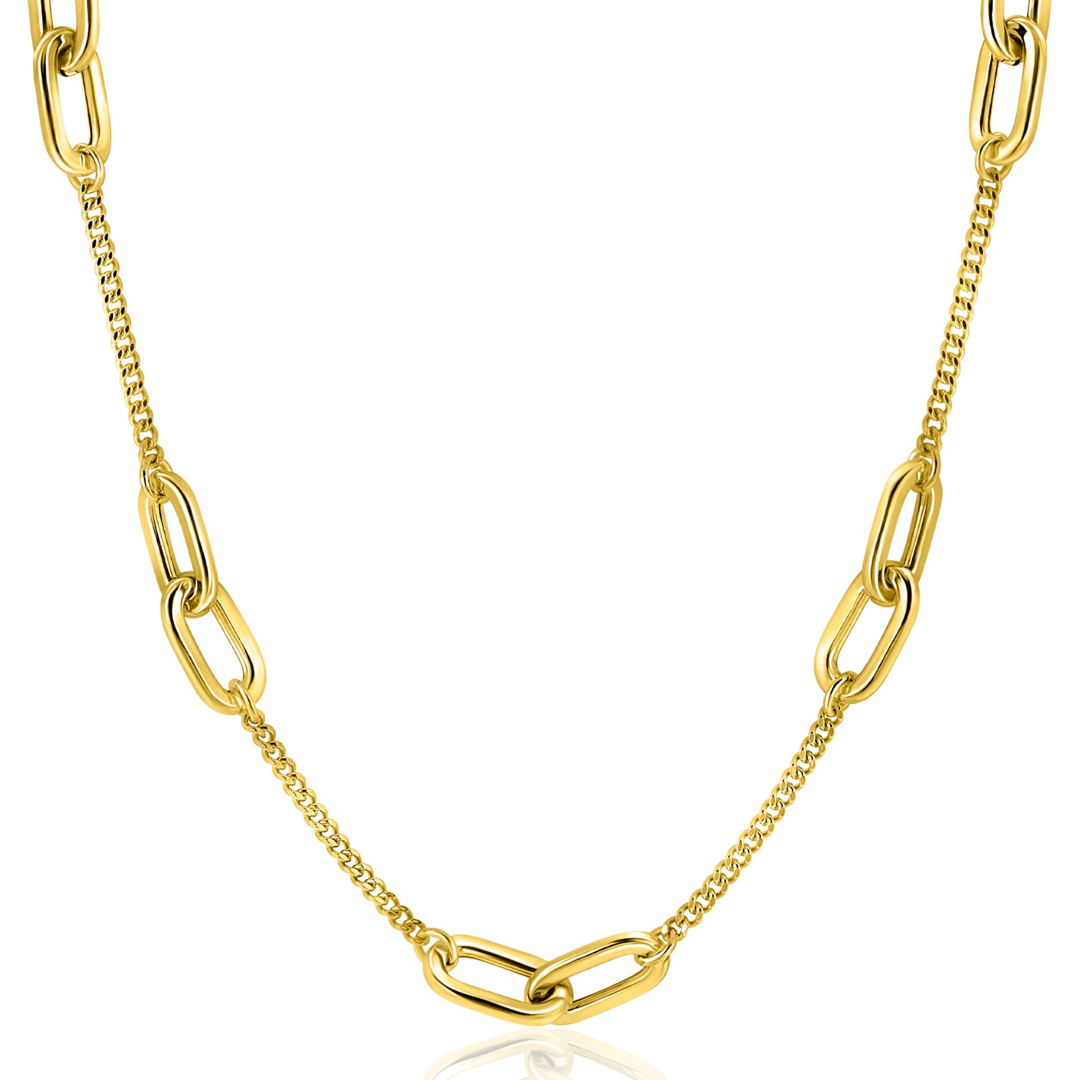 ZINZI Gold Plated Sterling Silver Necklace Curb Chains Combined with Larger Oval Chains 42-45cm ZIC2412G