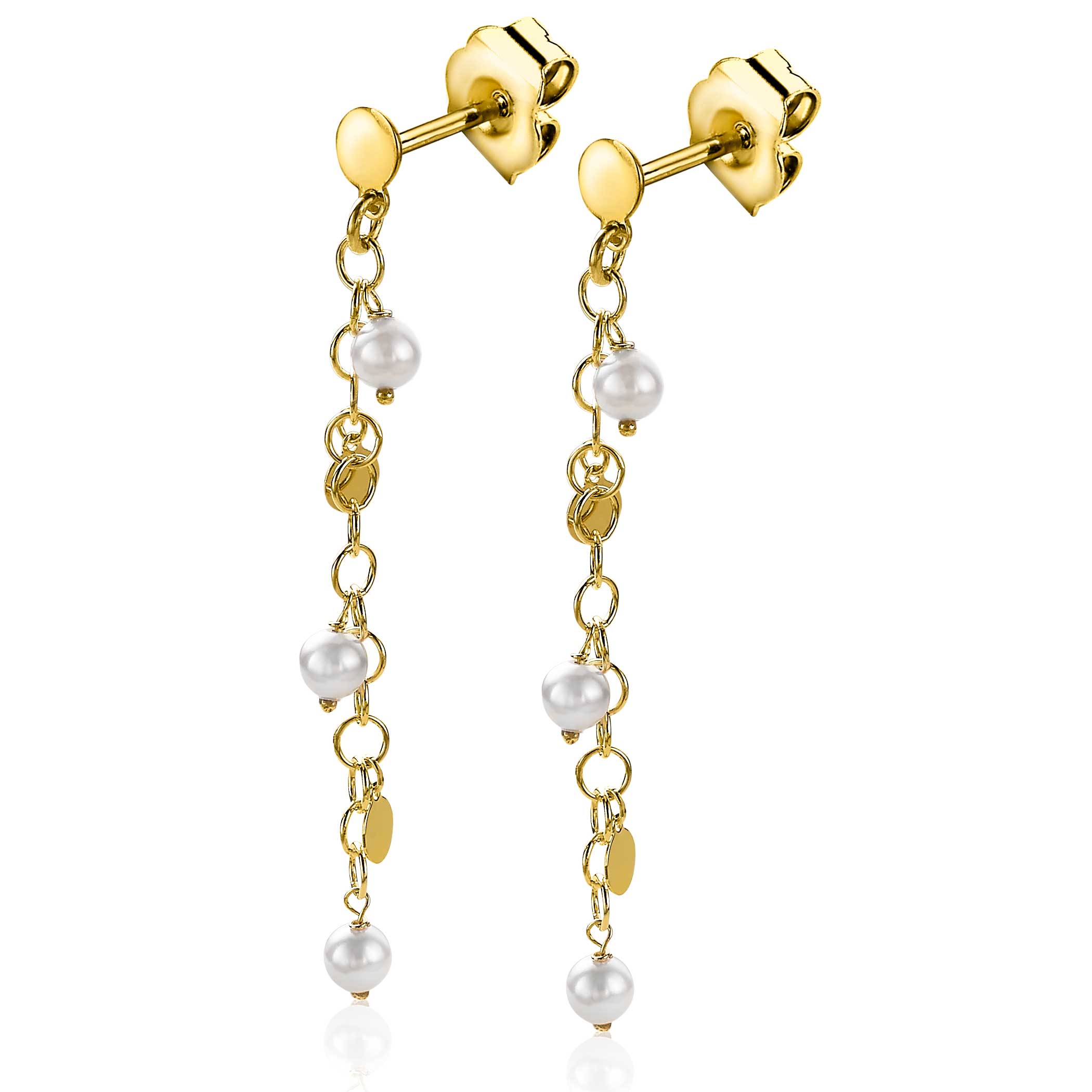 50mm ZINZI Gold Plated Sterling Silver Drop Earrings Smooth Coins and White Pearls ZIO2186G