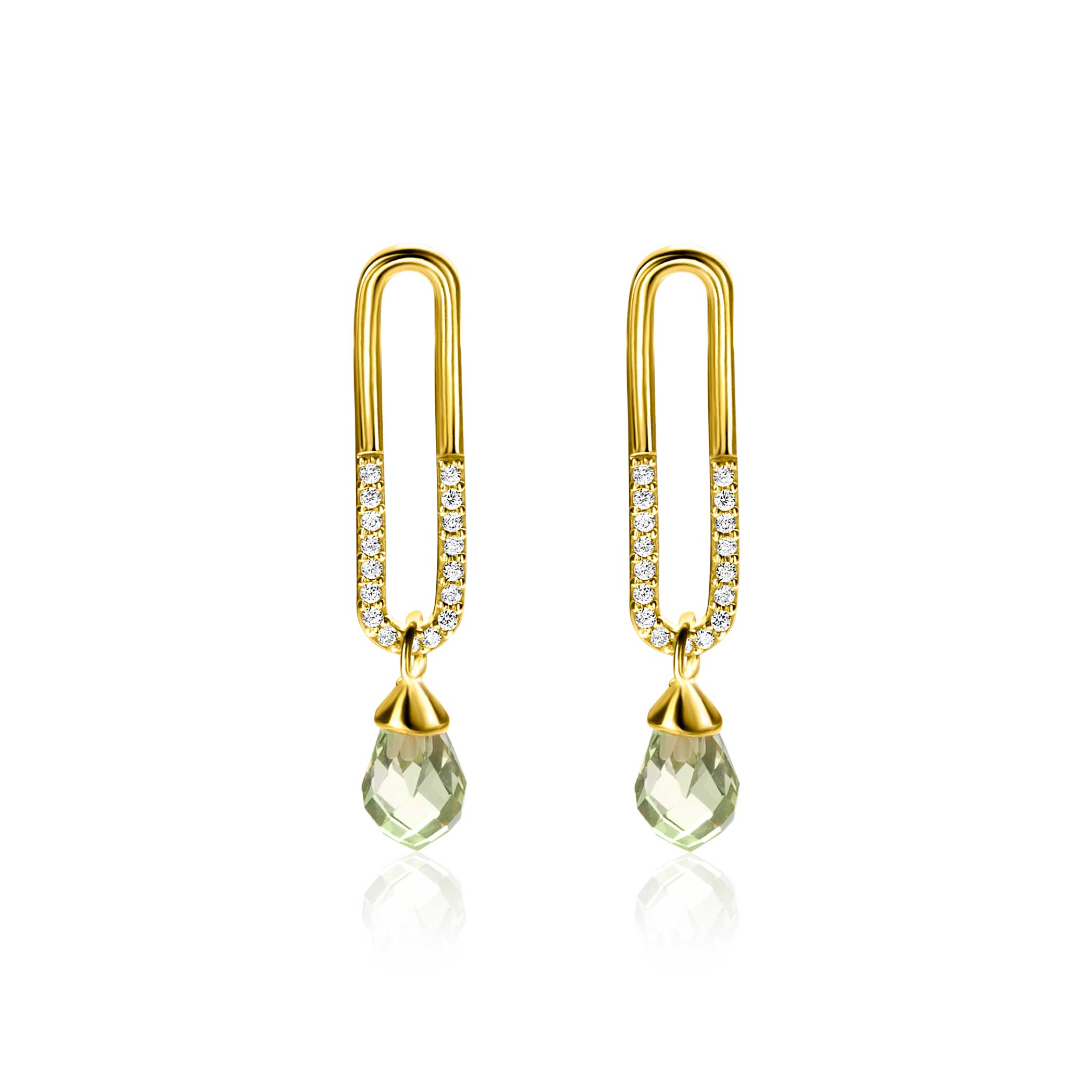 30mm ZINZI Gold Plated Sterling Silver Stud Earrings with Trendy Open Oval Shape and Green Peridot Drop Charm ZIO2430