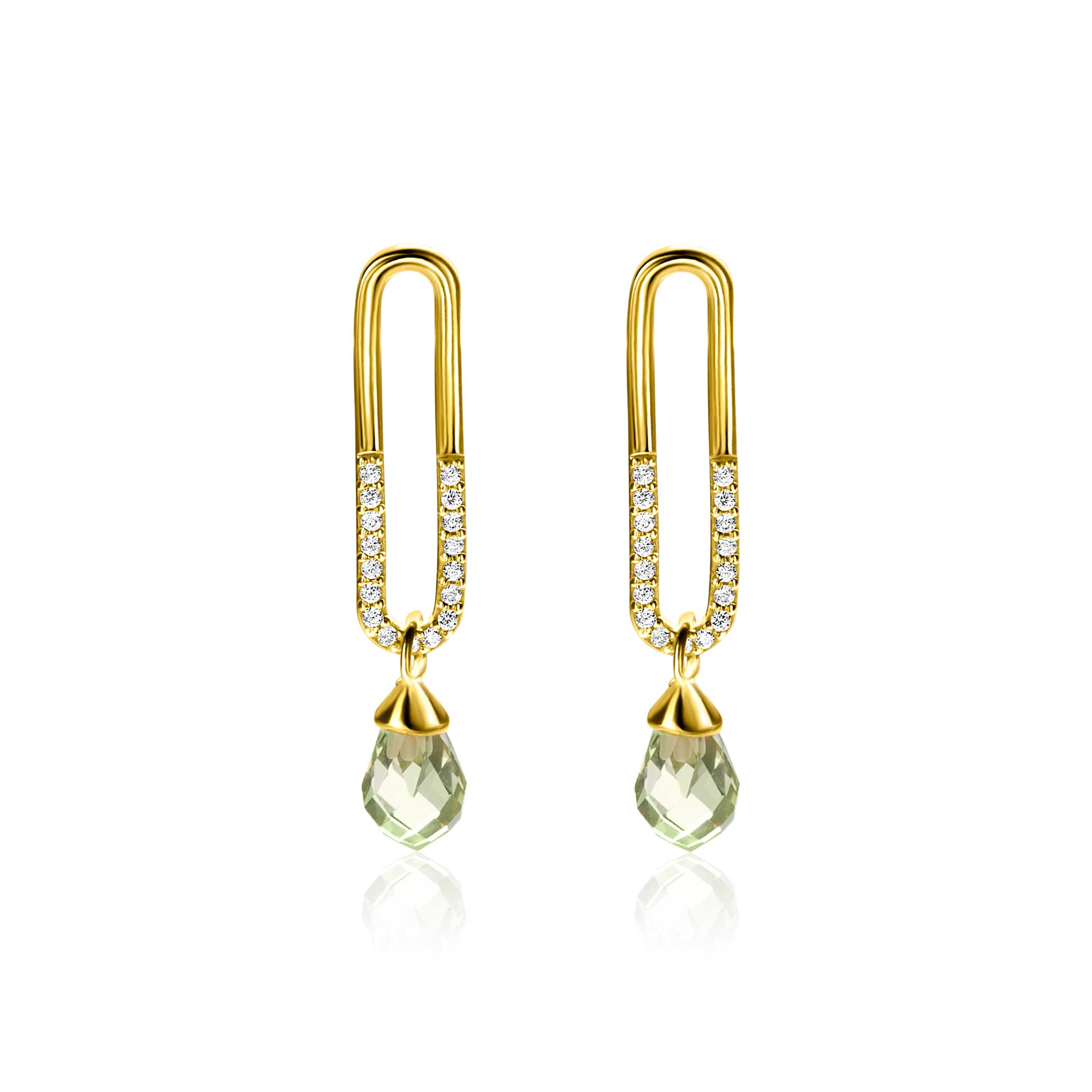 30mm ZINZI Gold Plated Sterling Silver Stud Earrings with Trendy Open Oval Shape and Green Peridot Drop Charm ZIO2430