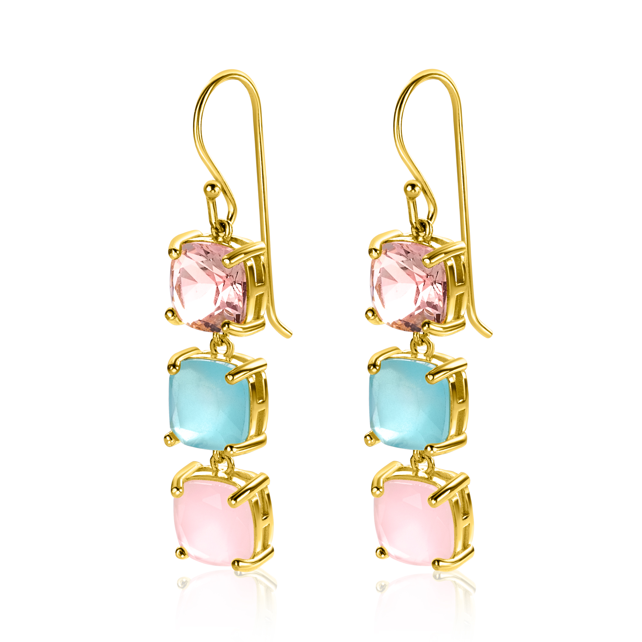 43mm ZINZI Gold Plated Sterling Silver Drop Earrings with 3 Trendy Square Color Stones in Pink and Turquoise ZIO2454