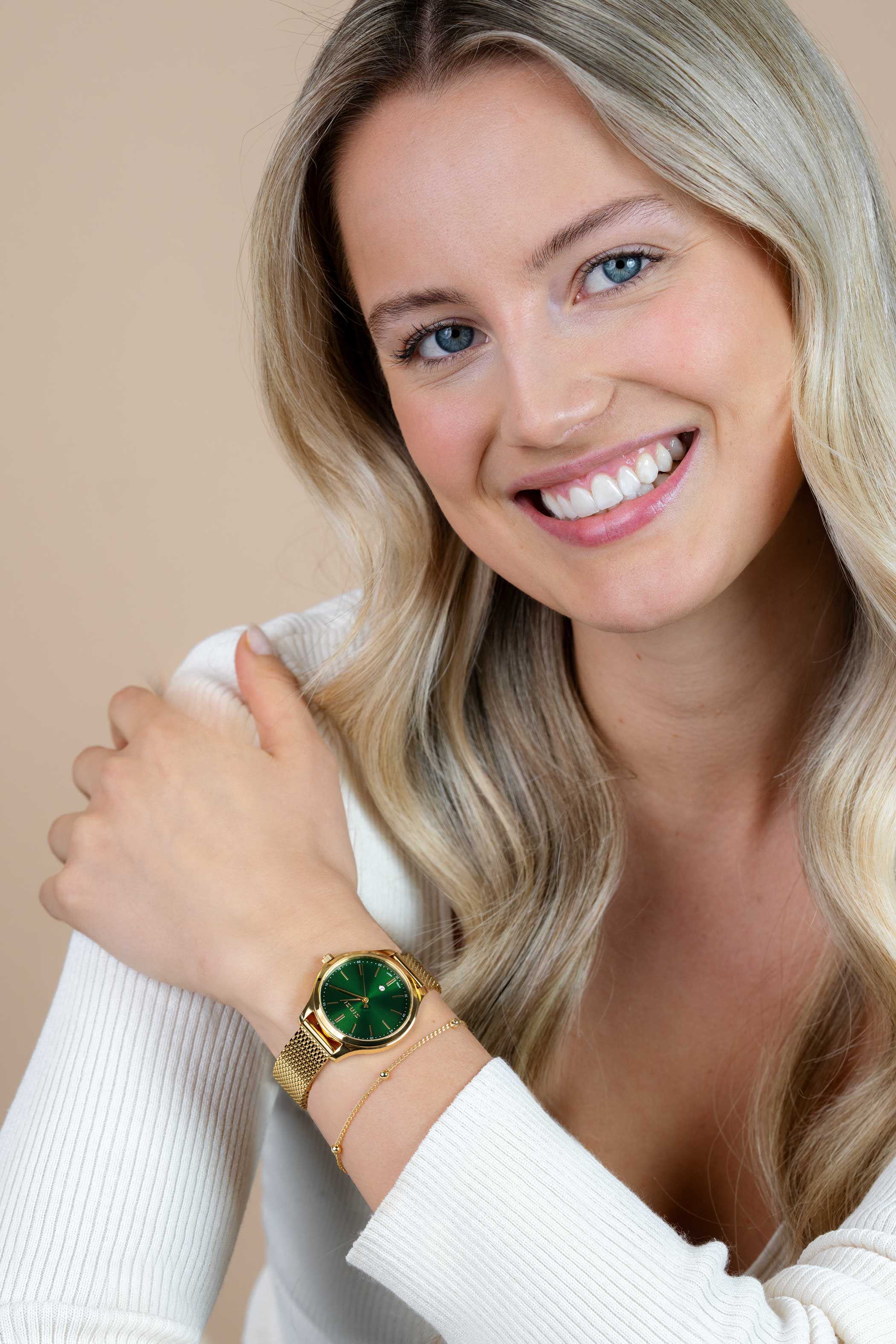 ZINZI Classy Watch 34mm Green Dial Gold Colored Stainless Steel Case and Mesh Strap with Date ZIW1035M