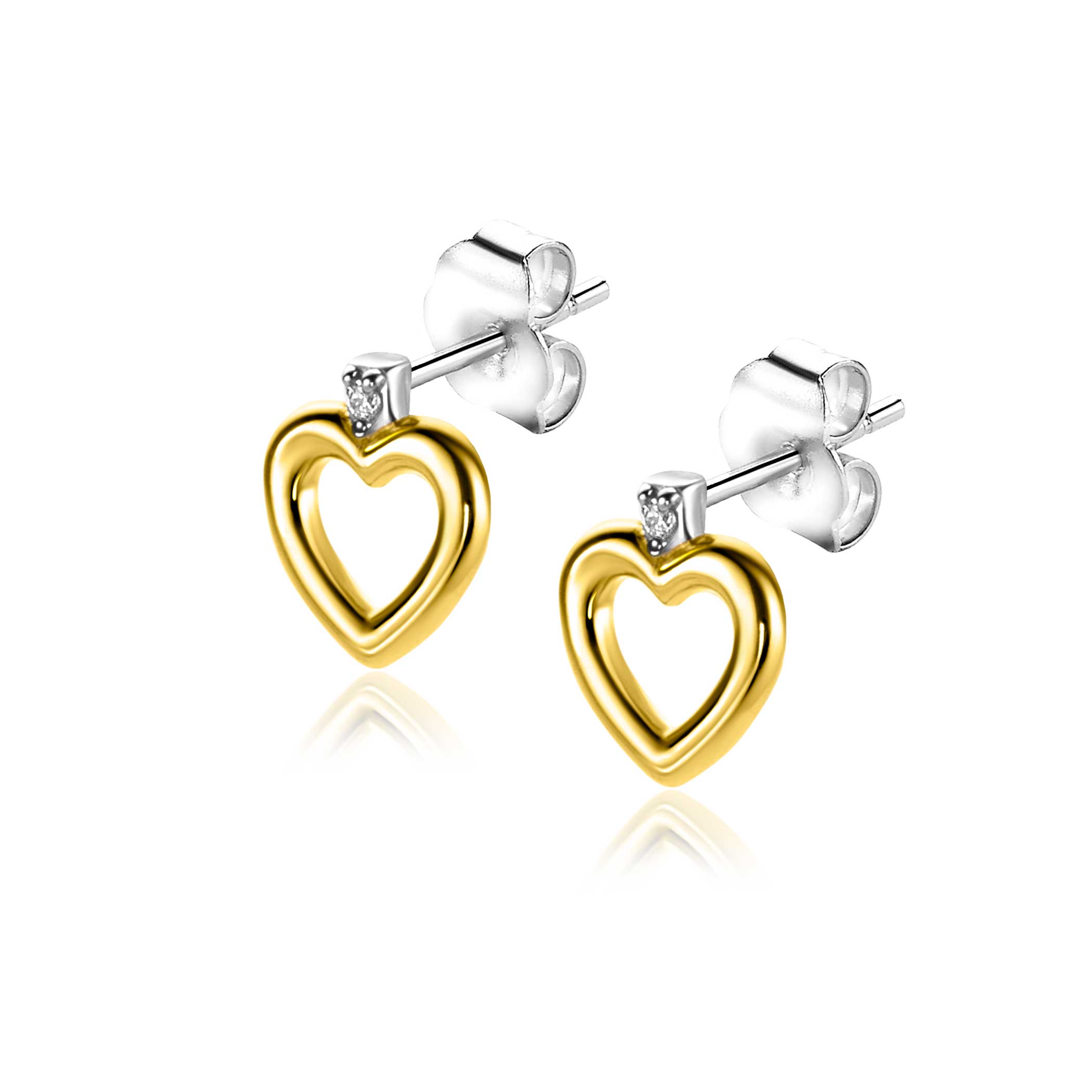 9mm ZINZI Gold Plated Sterling Silver Stud Earrings Open Heart White Zirconias ZIO2566