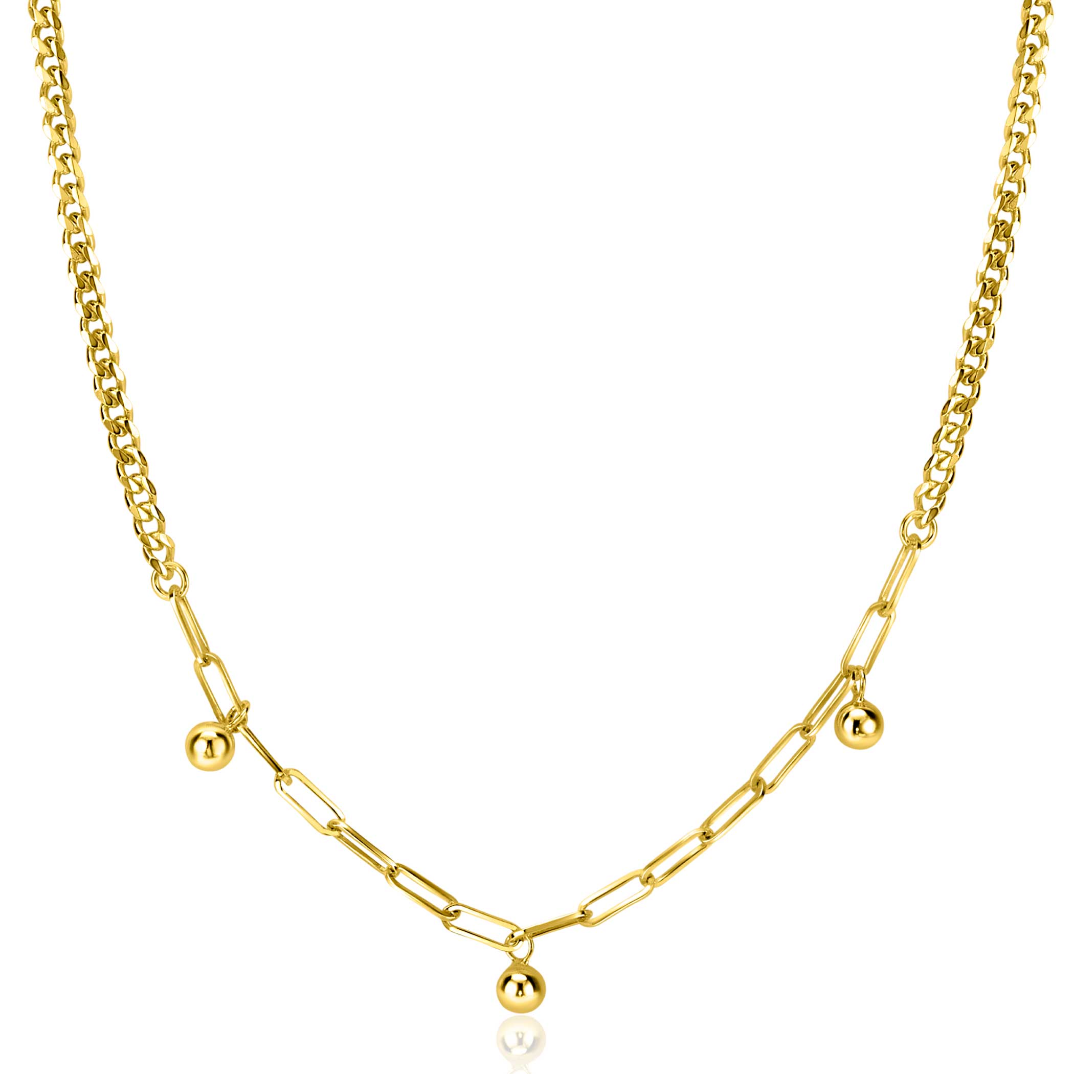 ZINZI Gold Plated Sterling Silver Chain Necklace Curb and Paperclip Chain with Beads 40-45cm ZIC2521G