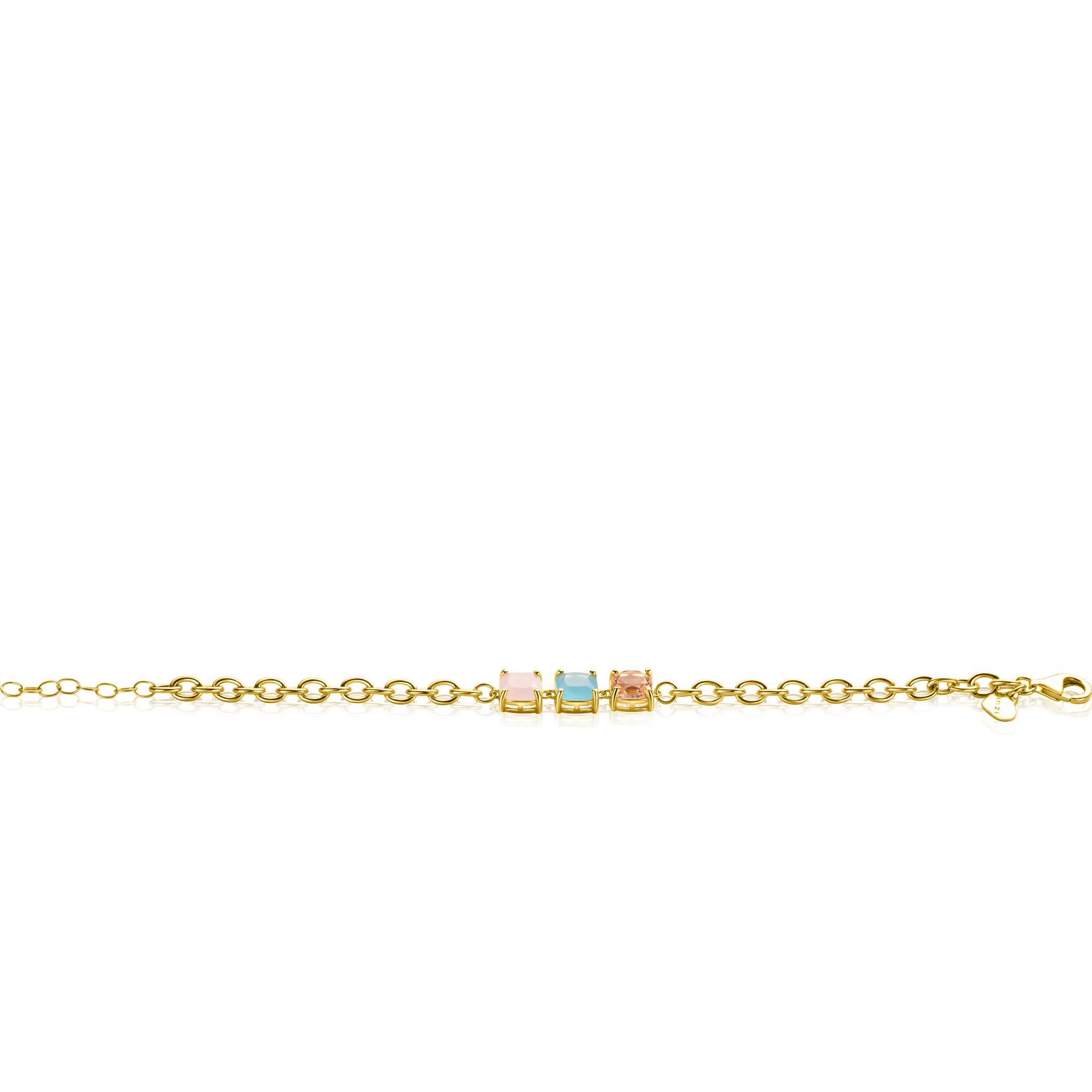 ZINZI Gold Plated Sterling Silver Chain Bracelet with 3 Square Settings with Pink and Turquoise Color Stones 17-20cm ZIA2454
