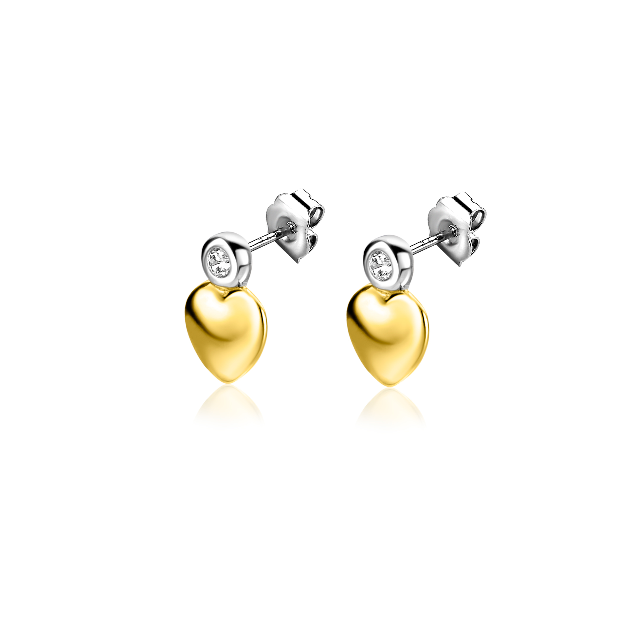 8mm ZINZI Sterling Silver Bicolor Stud Earrings with a Shiny Gold Plated Heart and White Zirconia ZIO2436