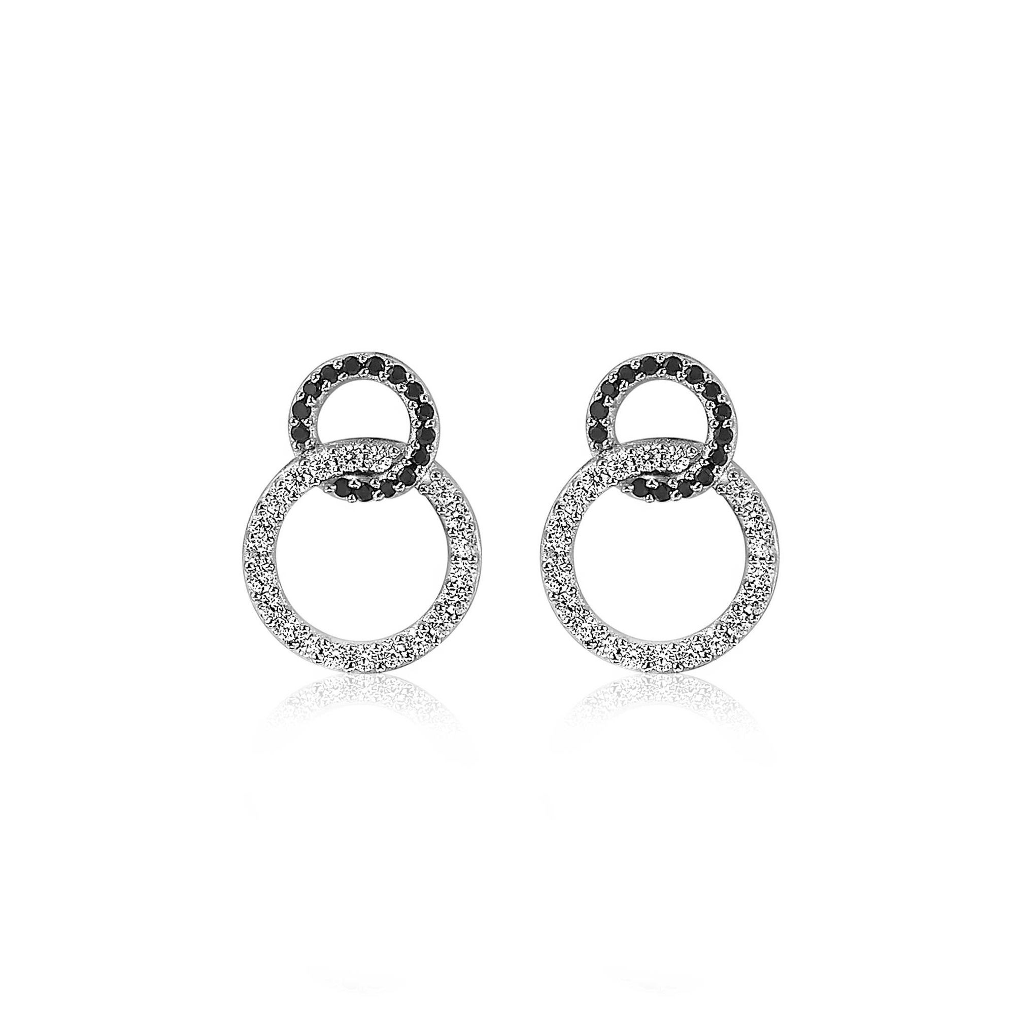 ZINZI Sterling Silver Stud Earrings 2 Connected Open Circles Black and White Zirconias ZIO1987