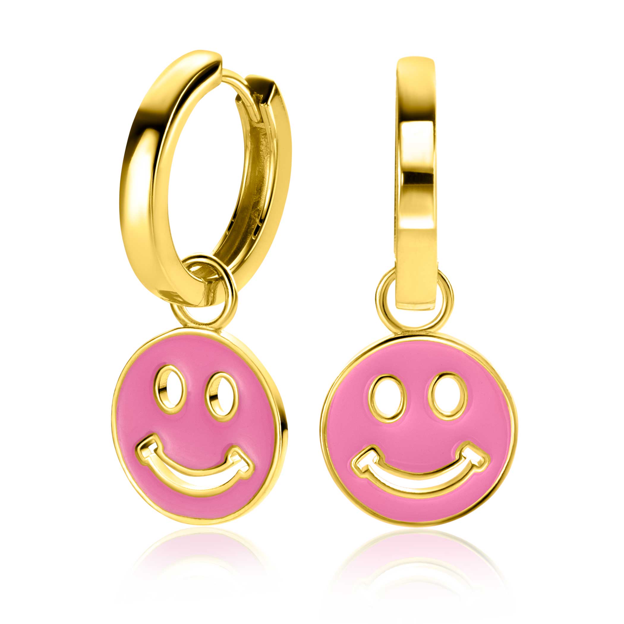 15mm ZINZI Gold Plated Sterling Silver Earrings Pendants Round Smiley in Trendy Pink Enamel ZICH2313R (excl. hoop earrings)